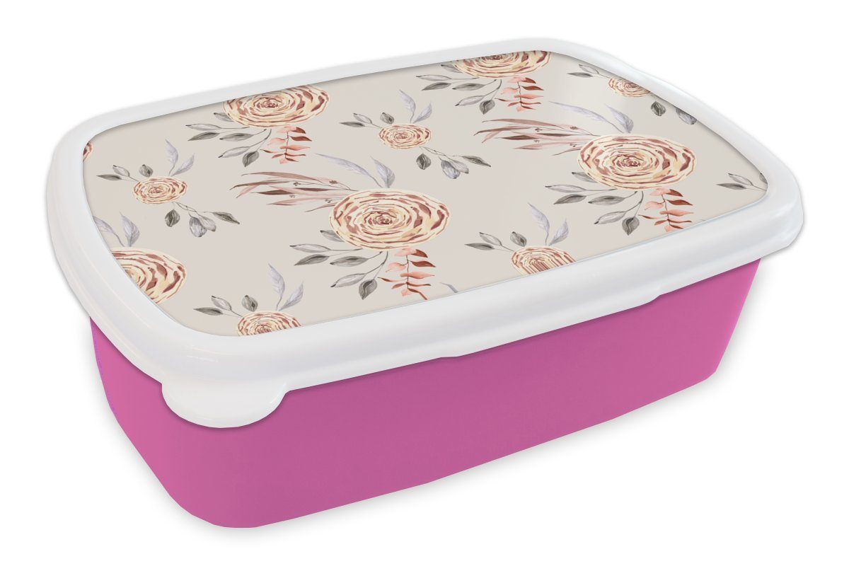 MuchoWow Lunchbox Rosen - Blumen - Gold - Muster, Kunststoff, (2-tlg), Brotbox für Erwachsene, Brotdose Kinder, Snackbox, Mädchen, Kunststoff rosa