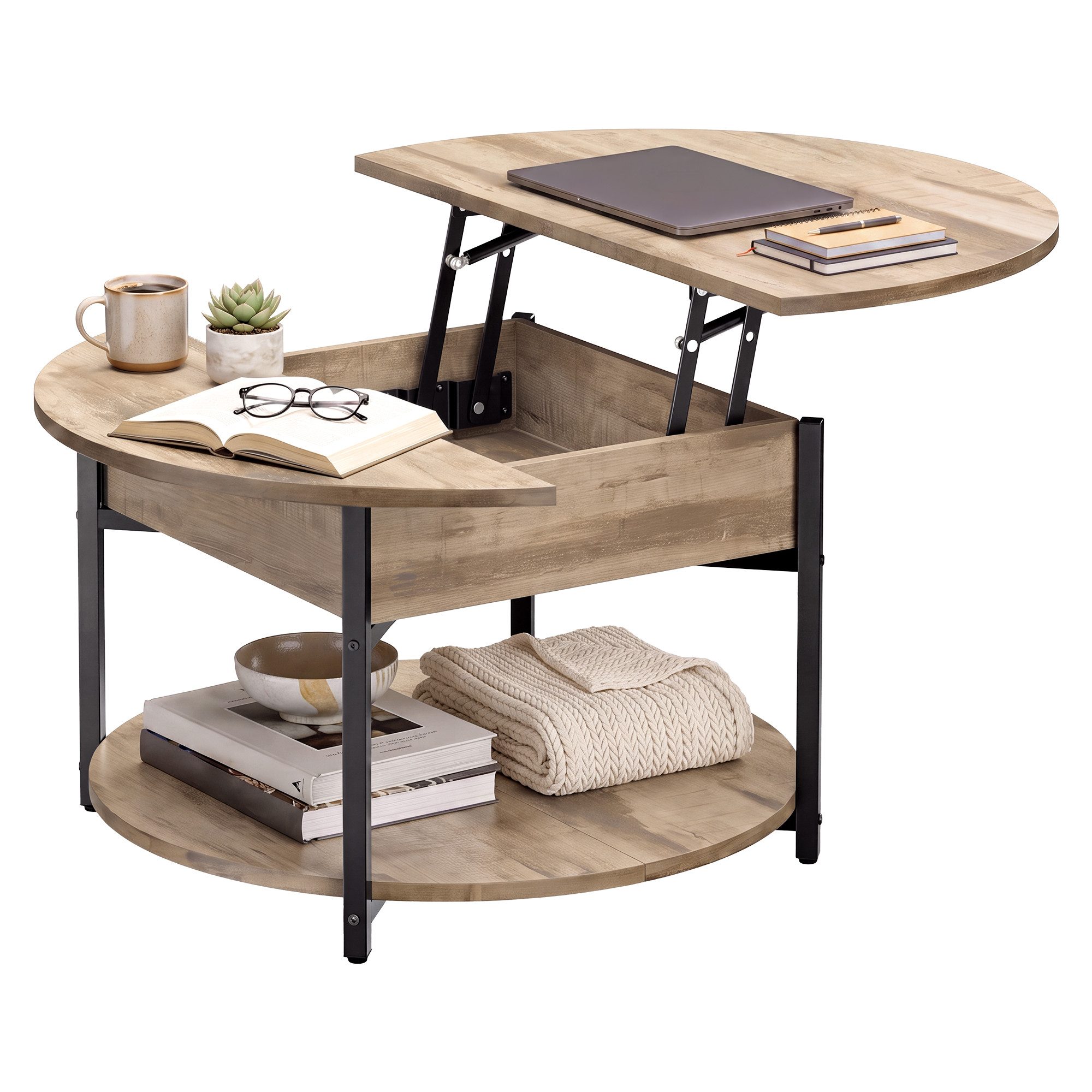 VASAGLE Couchtisch Wohnzimmertisch, höhenverstellbar, rund, braun, 80 x 80 x 45 cm