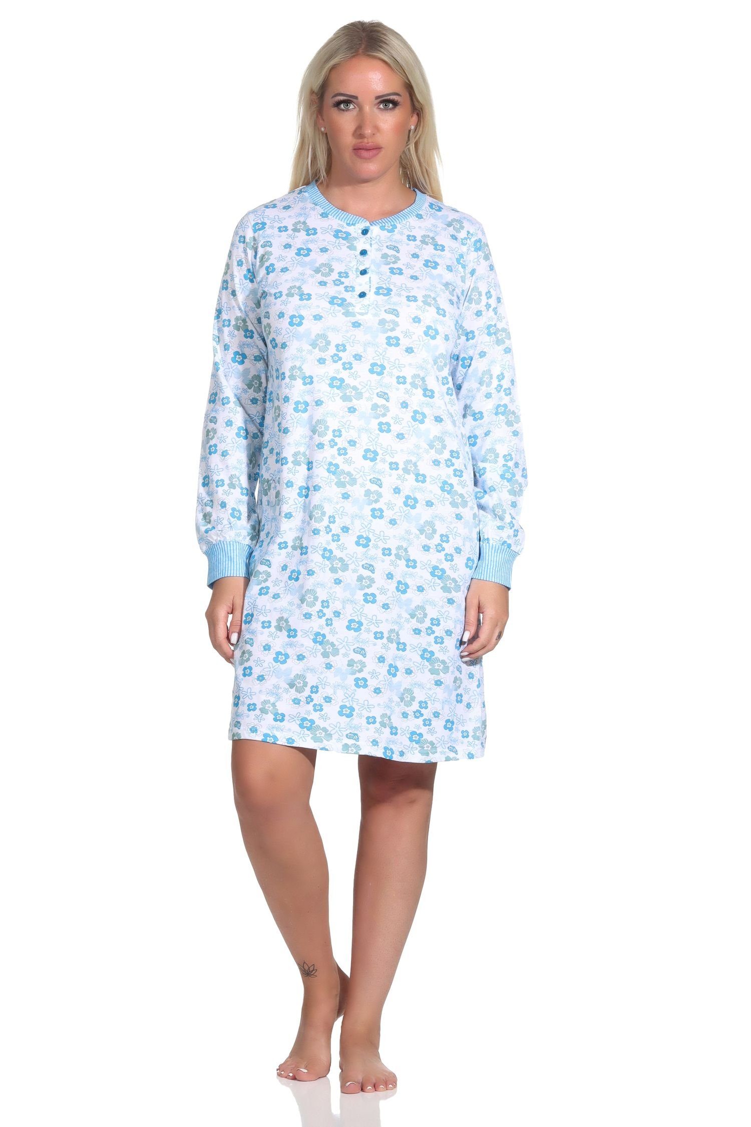 den langarm Optik mit Damen Nachthemd blau Normann Nachthemd Bündchen floraler in an Ärmeln