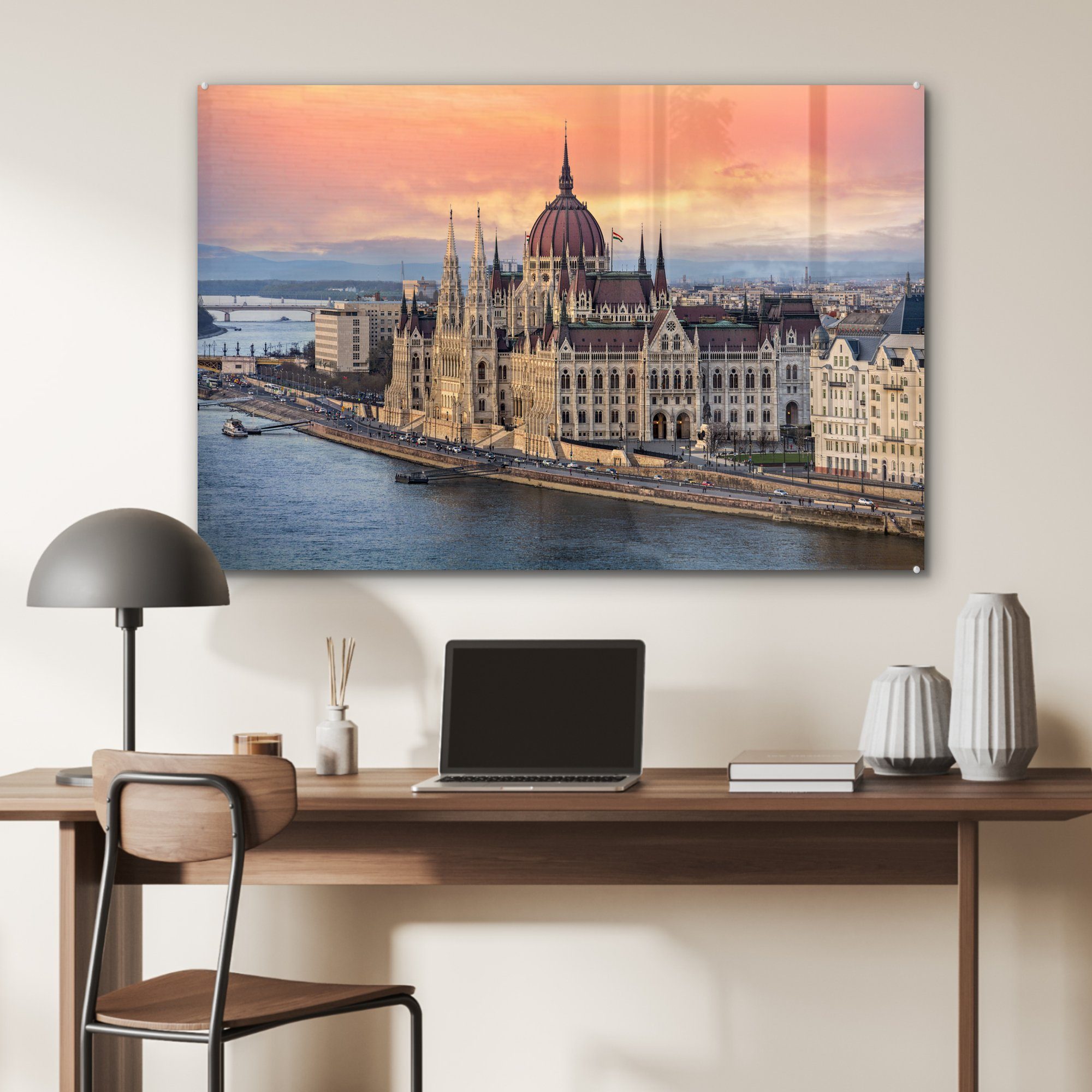 MuchoWow Acrylglasbild & mit Parlamentsgebäude (1 St), Acrylglasbilder Das Himmel, Wohnzimmer ungarische Schlafzimmer feurigem