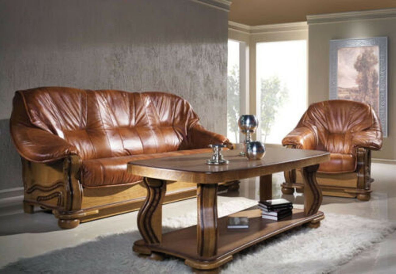 JVmoebel Sofa Klassische Sofagarnitur Couch Polster Sitz Garnitur Sofa Leder Holz, Made in Europe