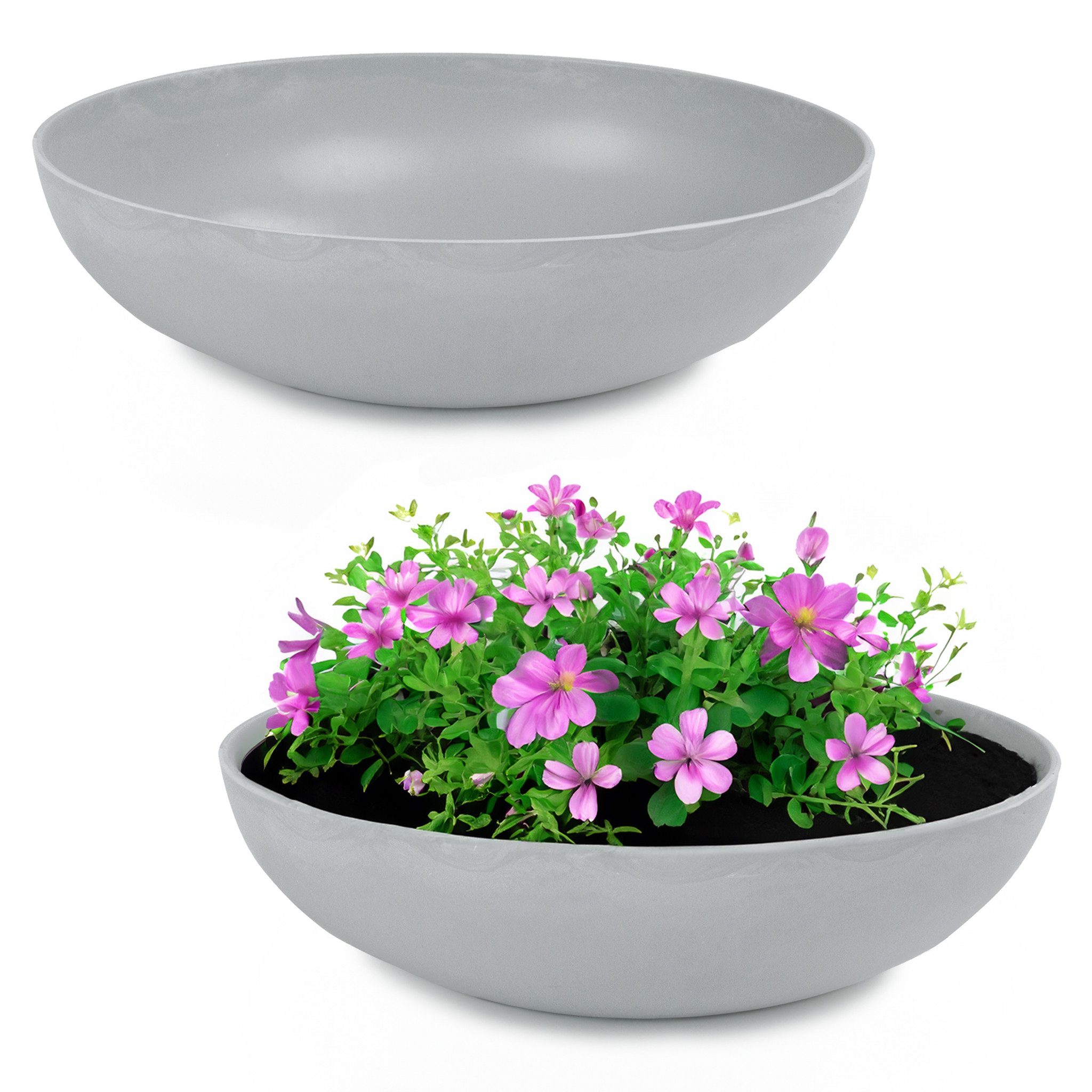 matches21 HOME & HOBBY Blumentopf Runde bauchige 37 cm Pflanzschale für draussen, hell-grau marmoriert (2 St), Wetterfeste Blumen-Schale als moderne Gartendeko Grabschmuck