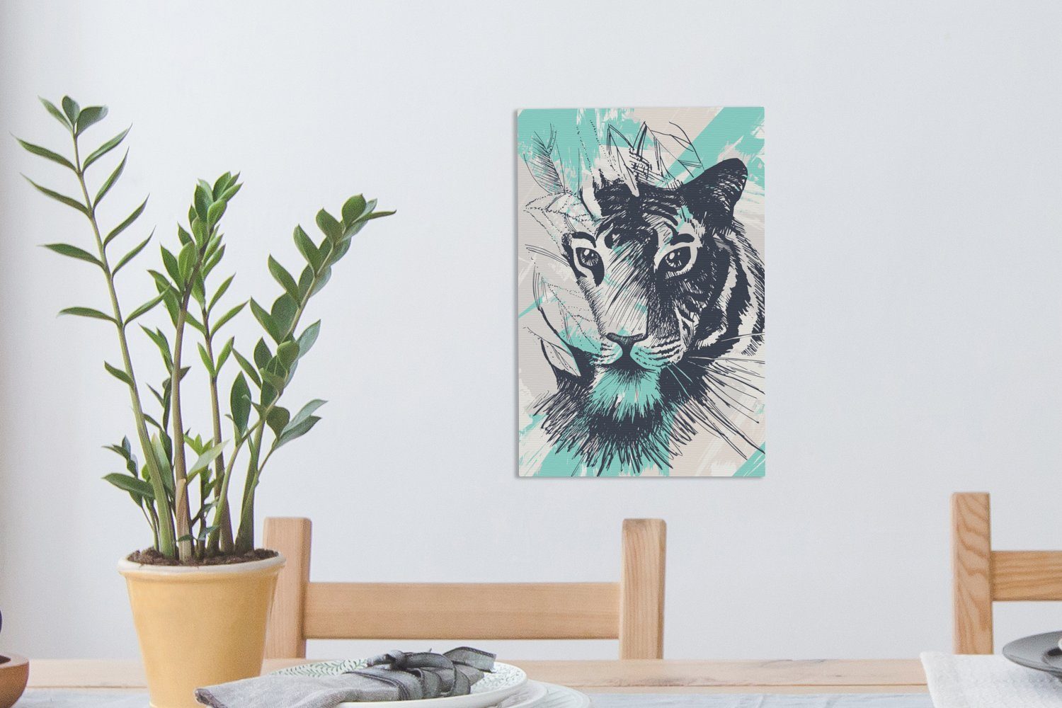 OneMillionCanvasses® Tiger Leinwandbild Weiß, fertig 20x30 Abstrakt inkl. (1 - Zackenaufhänger, Gemälde, St), Leinwandbild bespannt cm -