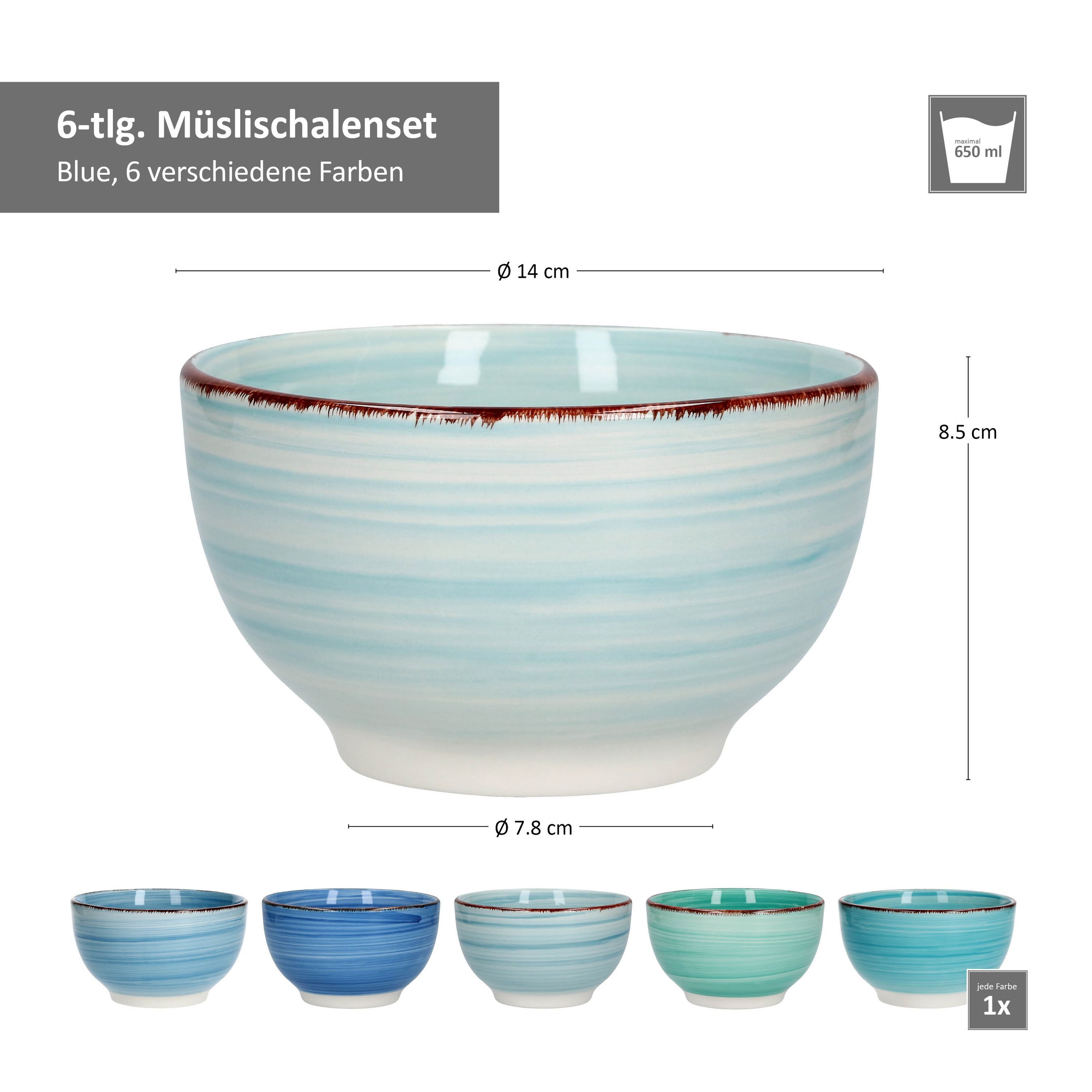 MamboCat Müslischale 6er Schalen Set Blue Blau Schüsseln Obst Müsli Schälchen 650 ml, Steingut – Bild 4 von 4