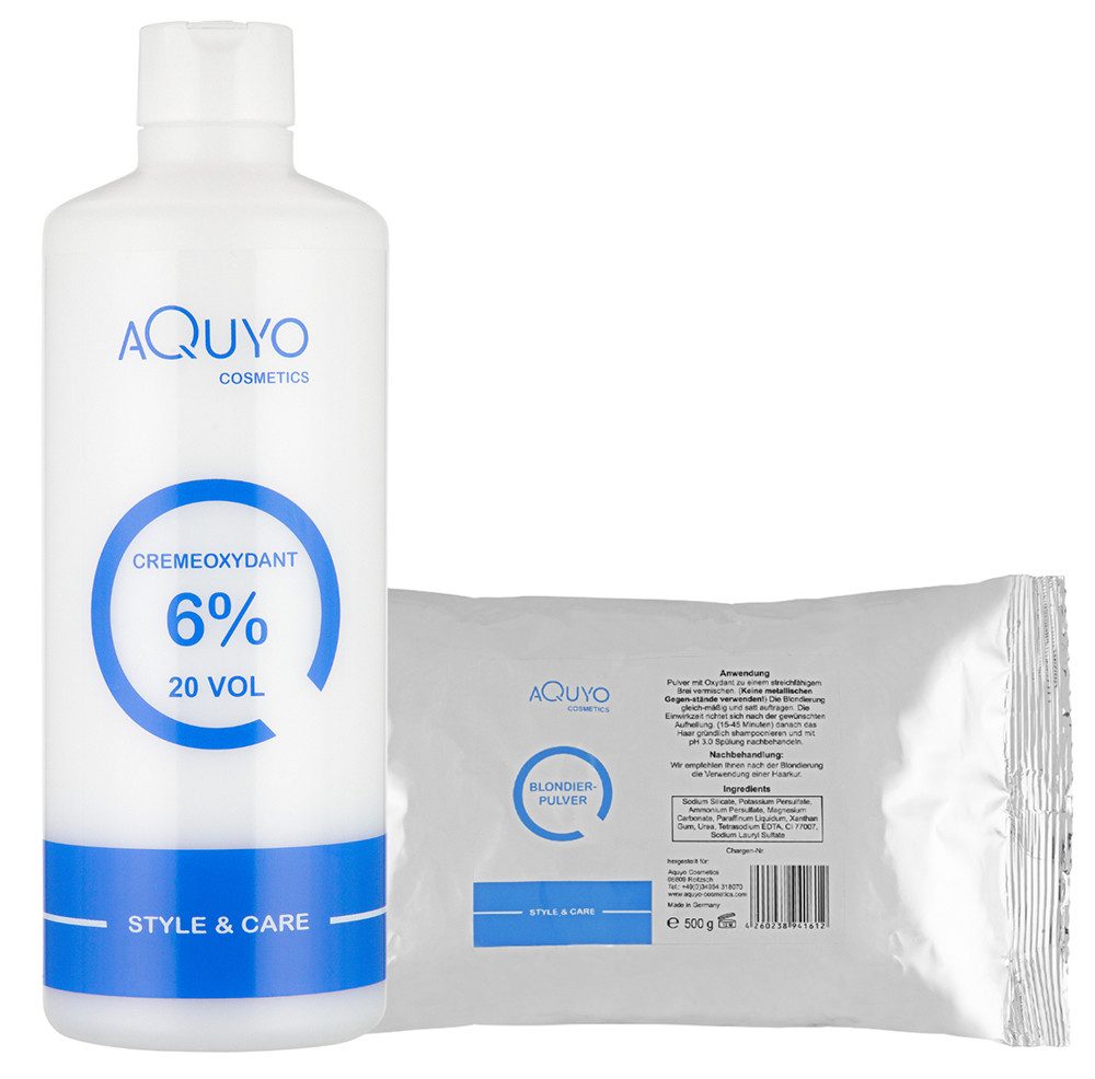 AQUYO Cosmetics Haarfarbe Style & Care Blondierpulver 500g + Creme Oxydant Entwickler 6%, Set