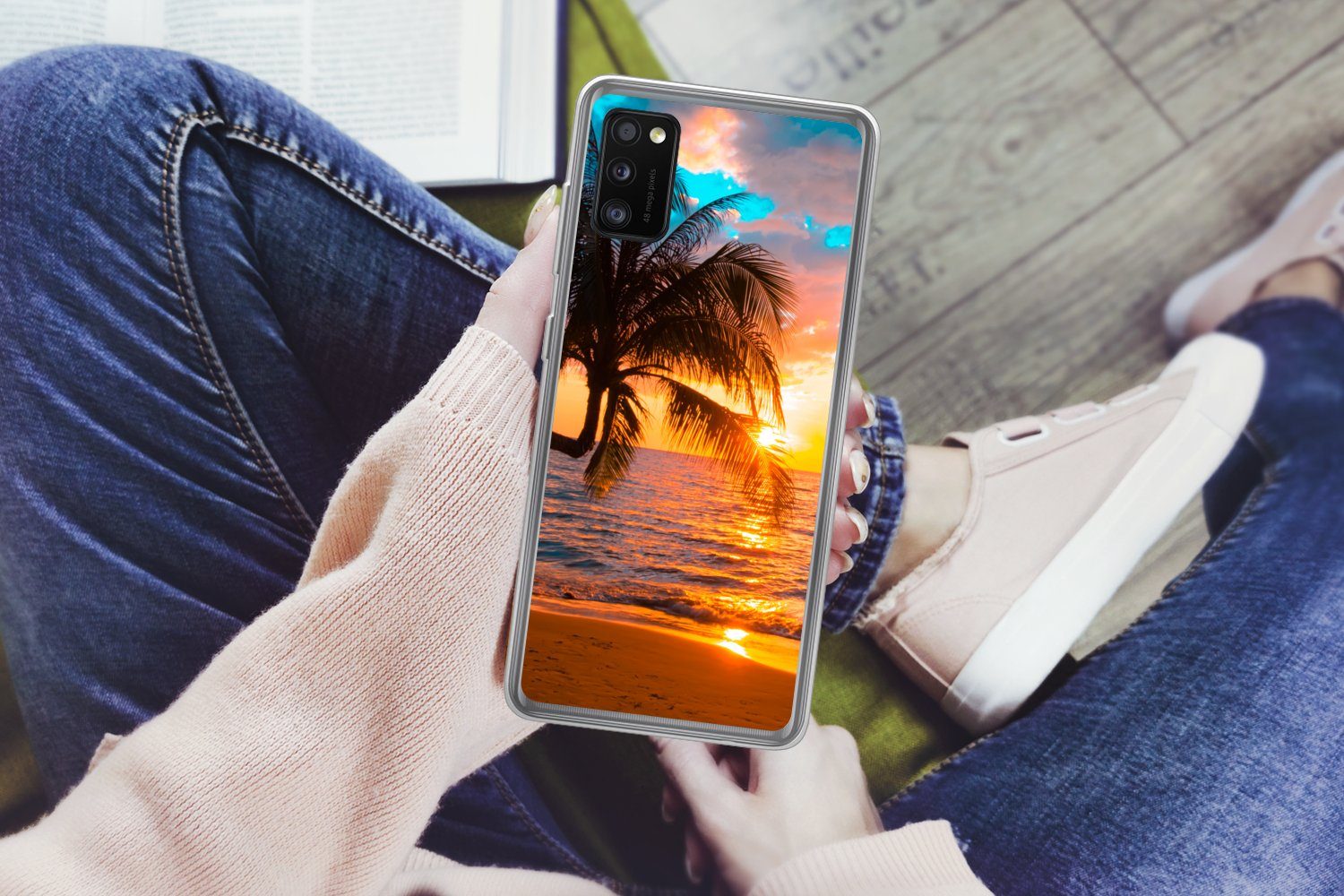 MuchoWow Handyhülle für Samsung Galaxy A41 Palme - Sonnenuntergang - Horizont - Strand - M, Smartphone-Bumper, Print, Handy Schutzhülle Dünn