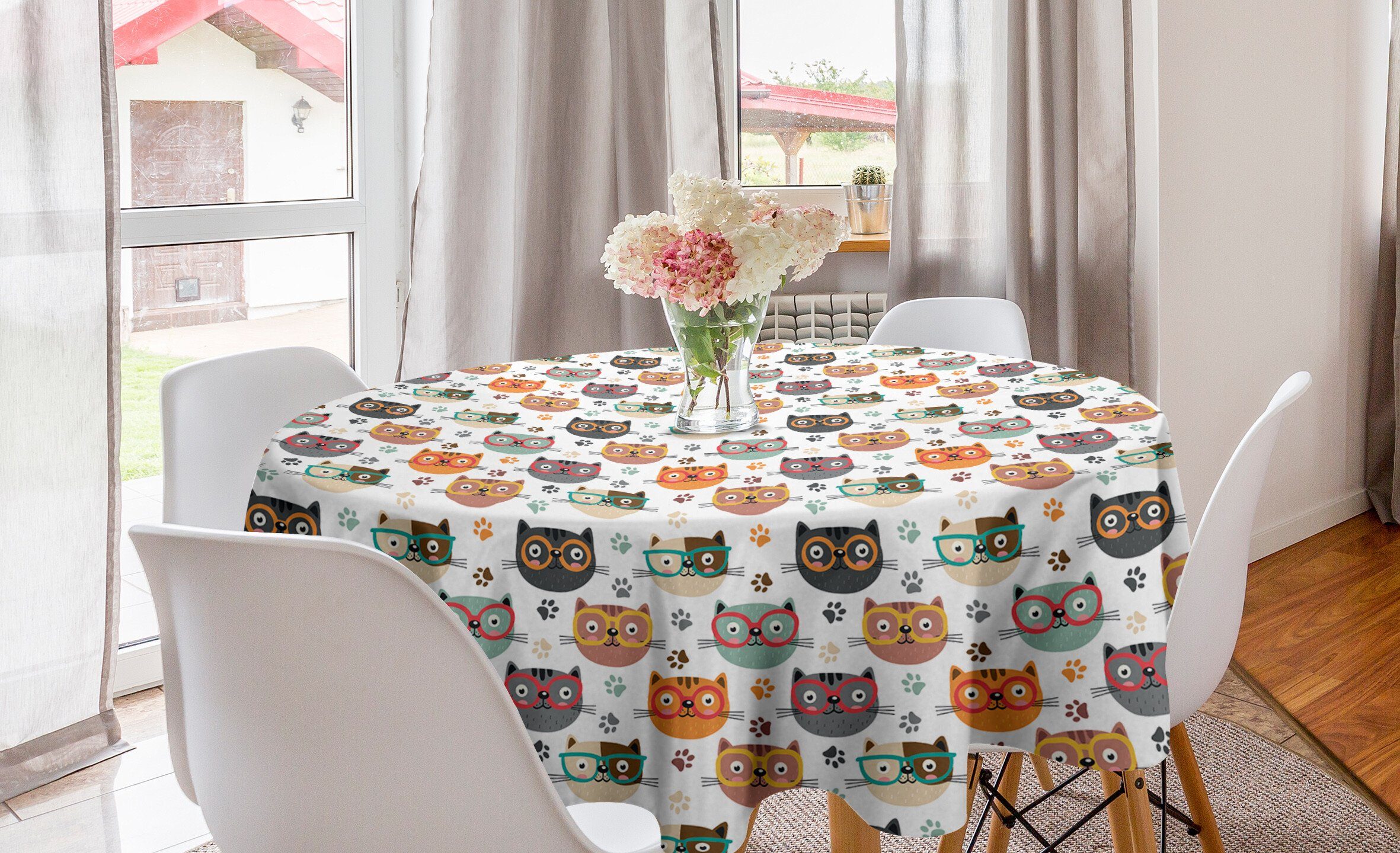 Abakuhaus Tischdecke Kreis Tischdecke Abdeckung für Esszimmer Küche Dekoration, Katzen Kitties mit Brillen
