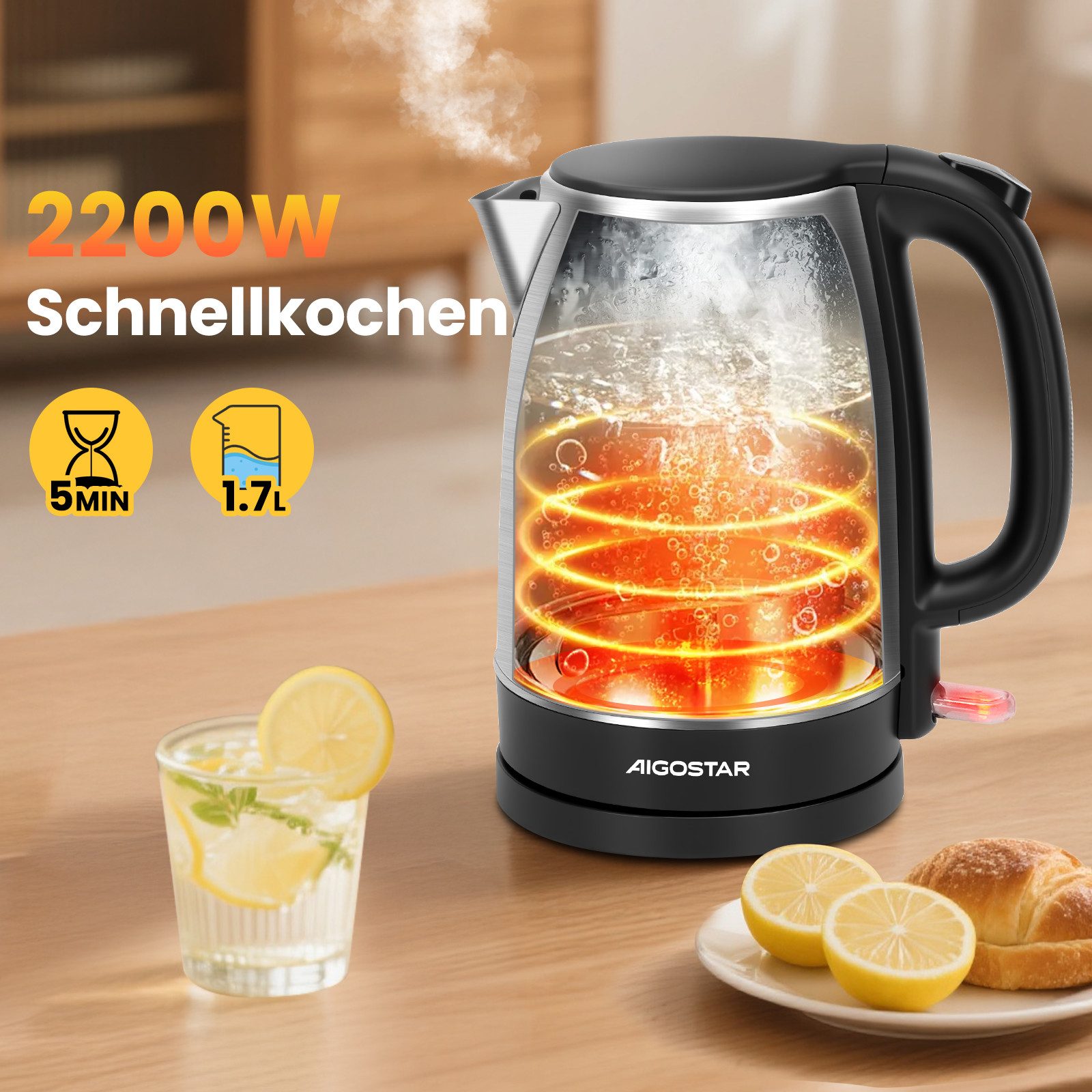 Aigostar Wasserkocher Wasserkocher Edelstahl 1,7 L, 2200W, Abschaltautomatik, Wasserkocher Edelstahl 1,7 L, 2200W, Abschaltautomatik