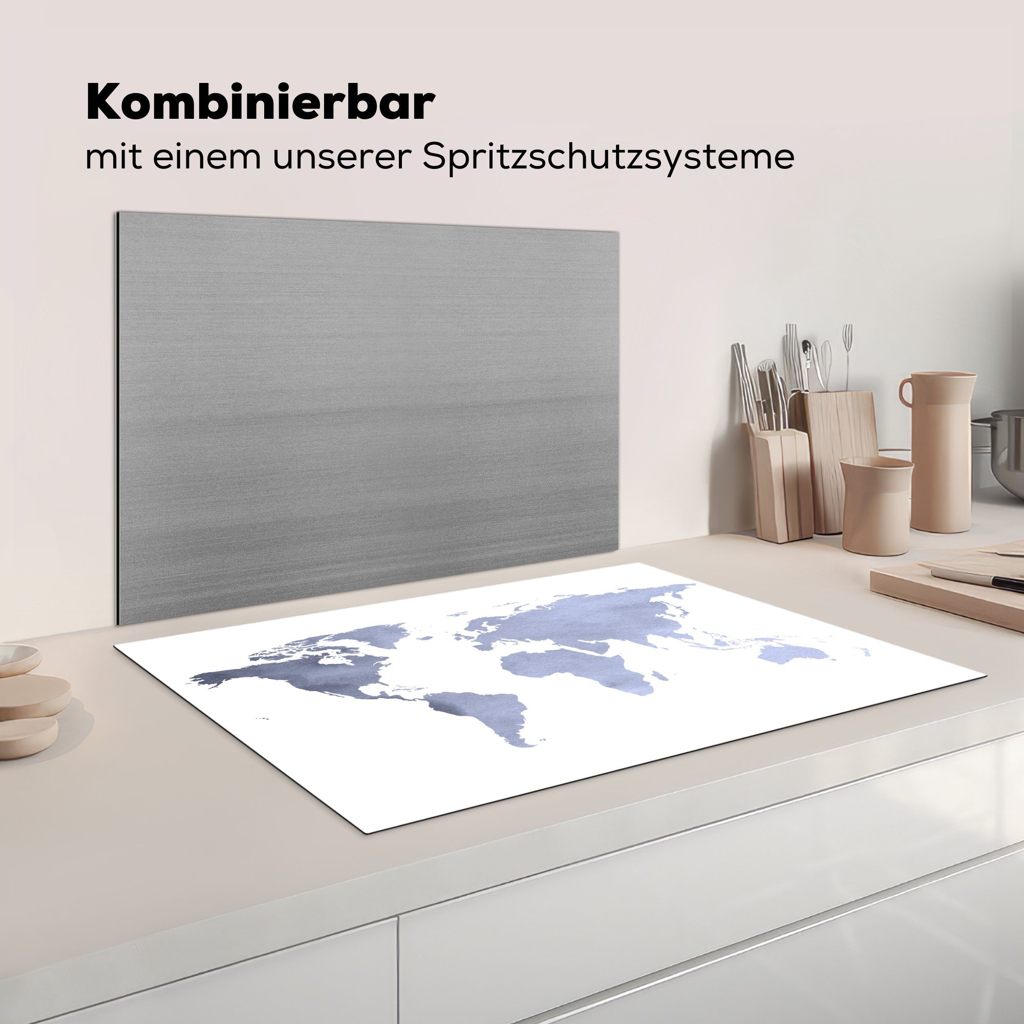 81x52 küche, - (1 die Induktionskochfeld Vinyl, MuchoWow Ceranfeldabdeckung tlg), für Grau, Blau cm, Herdblende-/Abdeckplatte - Weltkarte Schutz