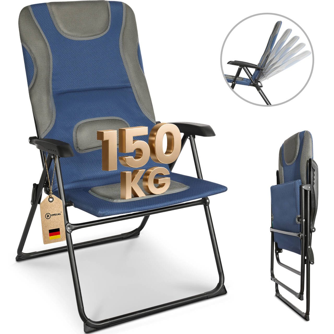 HOMECALL Gartenstuhl Hochlehner Campingstuhl Klappstühle Gepolstert Faltstuhl Balkonstuhl (Anglerstuhl, 1 St), mit 5-Fach Verstellbare lehne, für Camp Garten Balkon, Belastbar 150KG