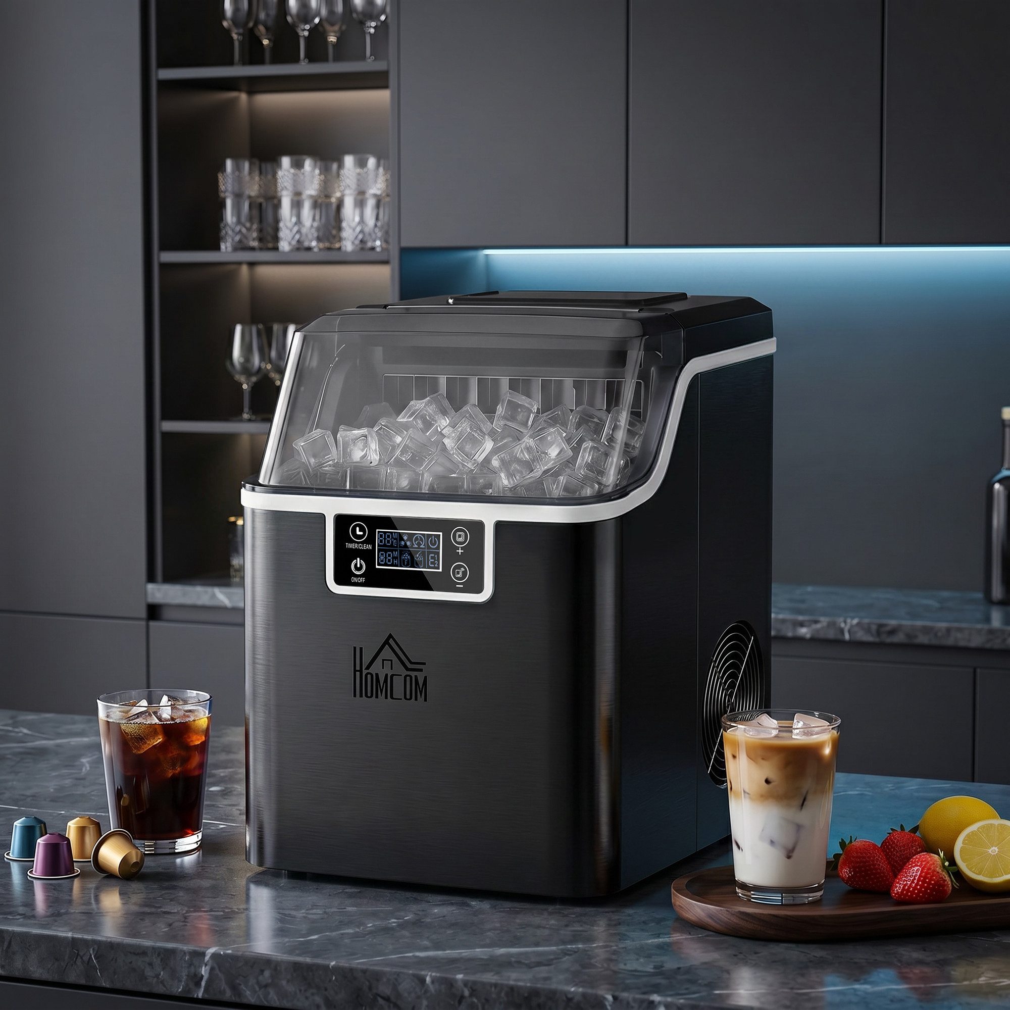 HOMCOM Eiswürfelmaschine 20 kg/24h 2,3 L Eiswürfelbereiter mit 3,2 L Wassetank, Selbstreinigung Schwarz 25,2 x 36 x 37,1 cm