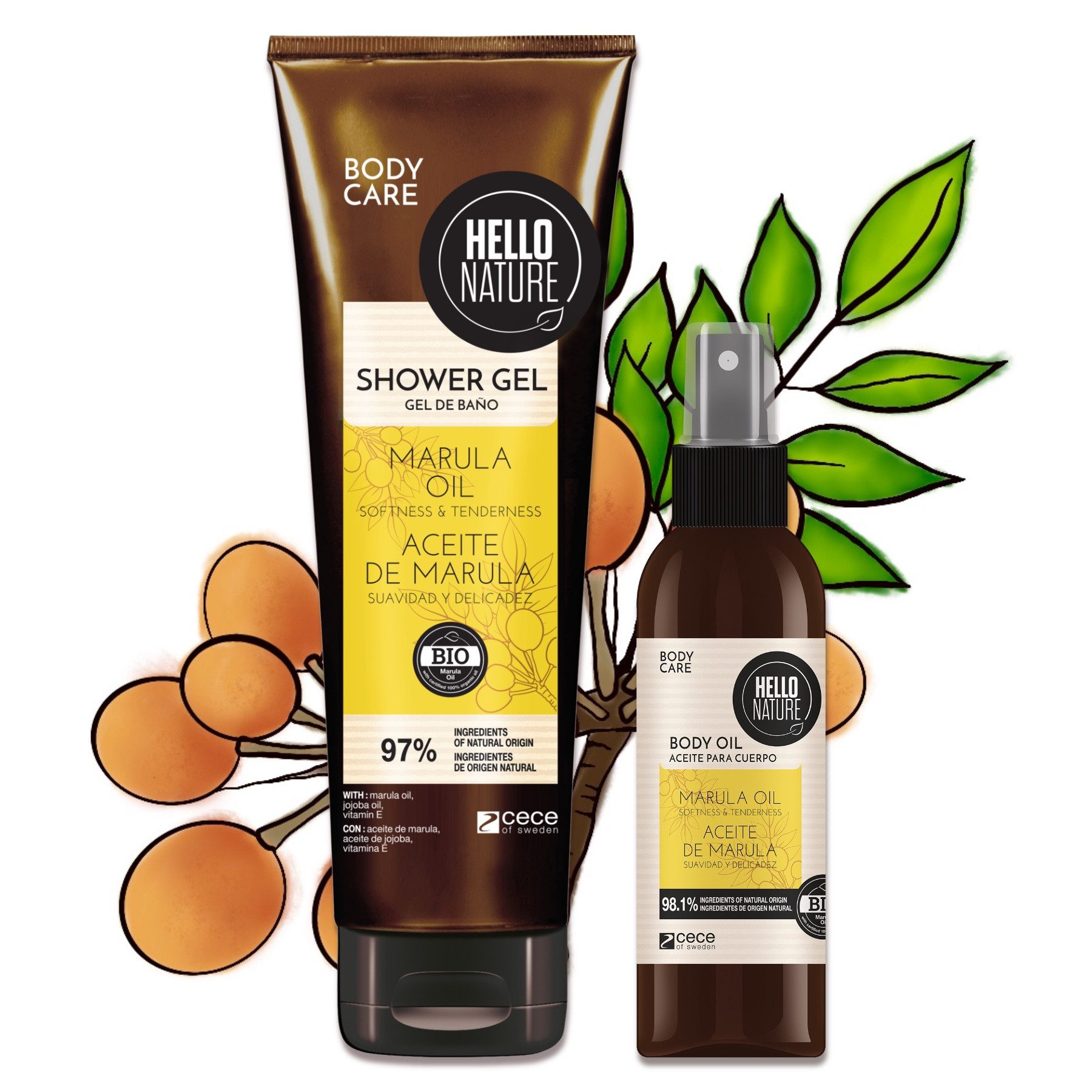 Hello Nature Hautpflege-Set Körperpflege Set Marula Öl Duschgel Body Butter Balm Körperöl, Hautpflege, Körperpflegeset, Hello Nature