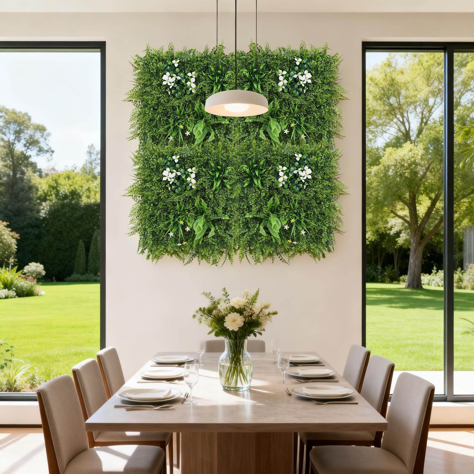 Kunstpflanze Künstliche Pflanzenwand für Innen und Außen, 50x50 cm Wasserpflanzen, weißem Bougainvillea, Farn und Frühlingsgras, GarveeMore, UV-beständig, 4er/8er/12er Set