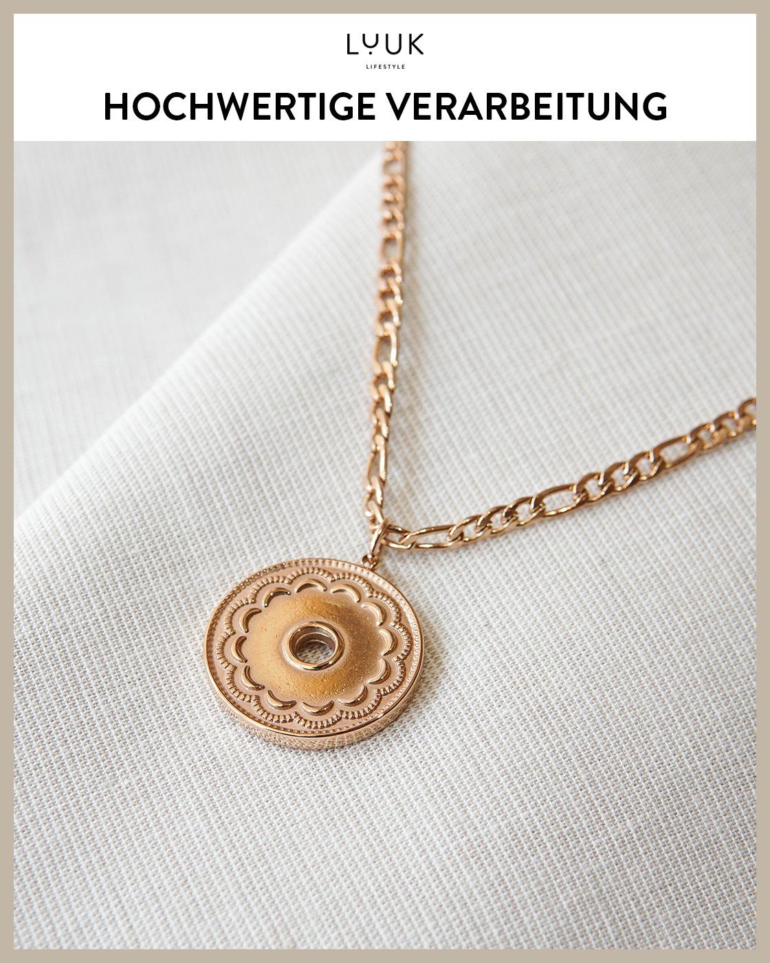 Münze Halskette, Anhänger Kreis, Edelstahlkette LUUK Vintage Edelstahl LIFESTYLE Rosé