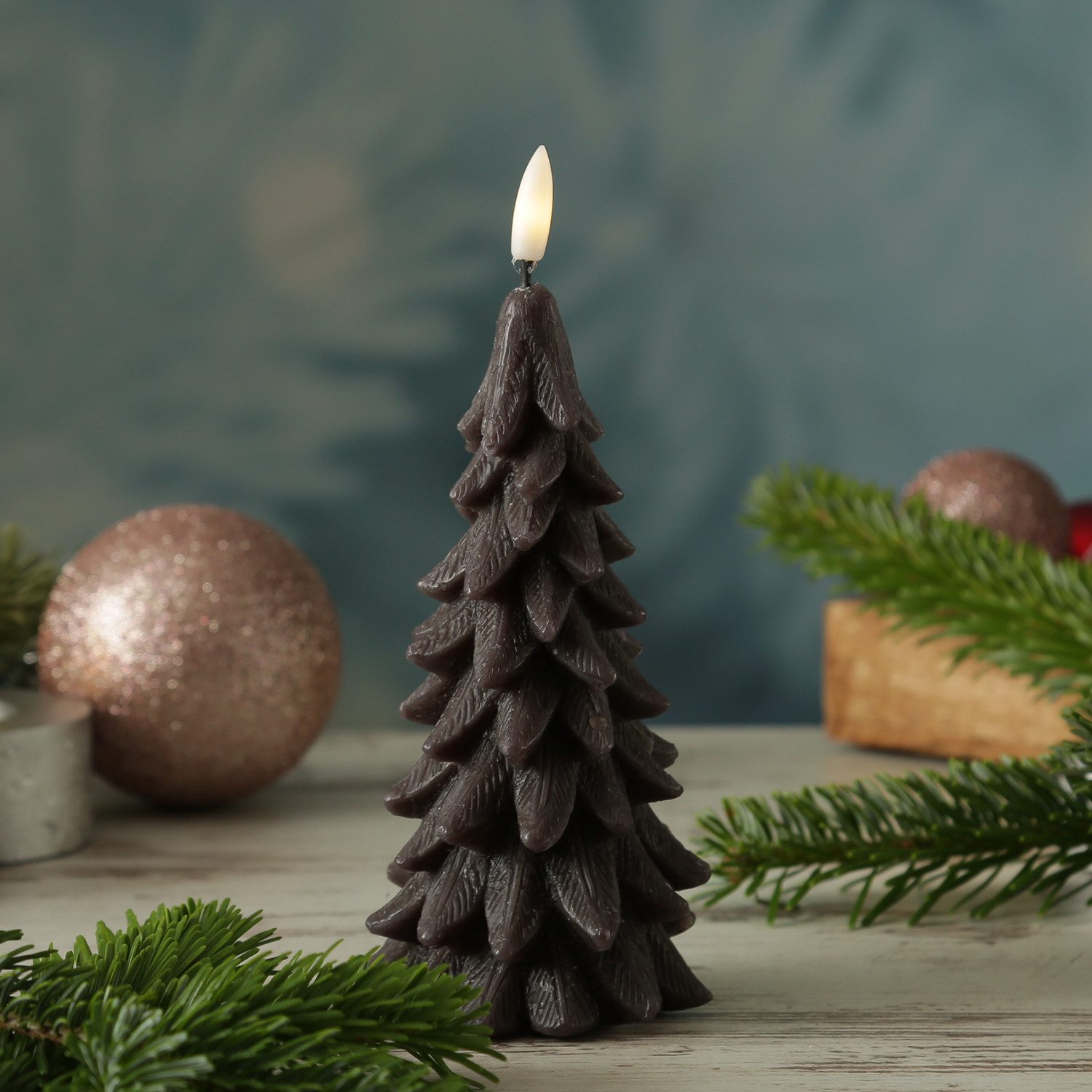 MARELIDA LED-Kerze Tannenbaum Weihnachtsbaum Baumform Echtwachs H: 19cm Timer grau, LED Classic, warmweiß (2100K bis 3000K)