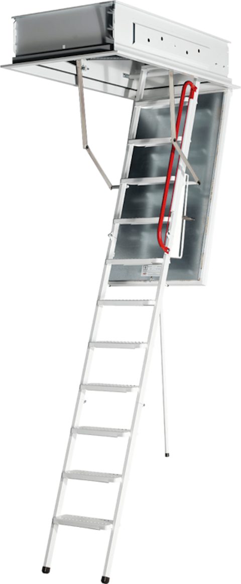 Wippro Bodentreppe Premium Stahl-Bodentreppe mit Wärmedämmung + Brandschutz - Vormontiert, für Geschosshöhen bis 270 cm, Stufen Noppen-Trittstufen mit 36 cm Breite x 12 cm Tiefe, Stahl-Bodentreppe komplett vormontiert mit Wärmedämmung + Brandschutz