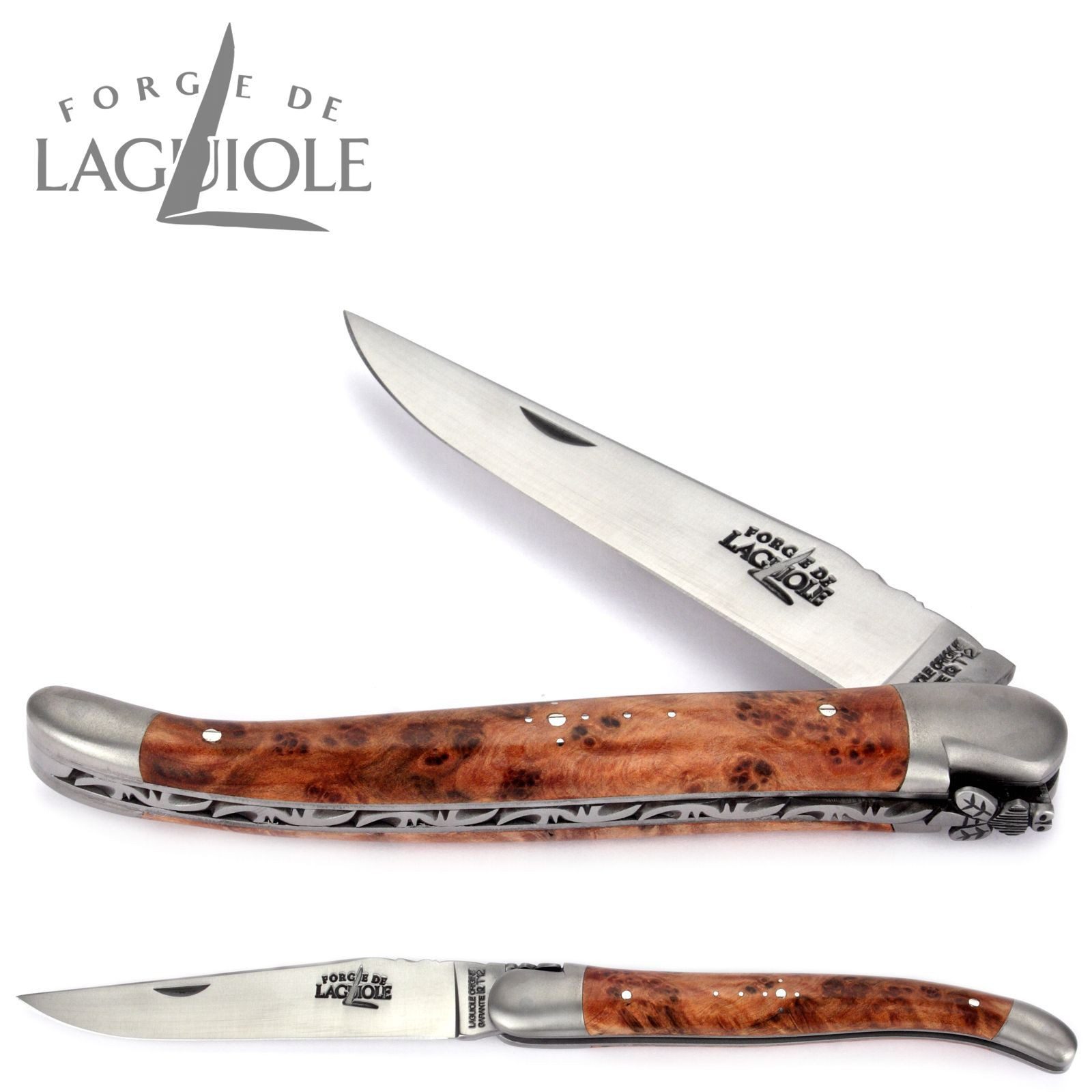 Forge de Laguiole Taschenmesser 1212 F IN TH SAT, "Collection" - Griff 12cm Thuja- Verzierte Feder - Stahl satiniert