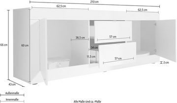 LC Lowboard Basic Breite 210 cm, TV-Board 2 Türen, 2 Schubkästen, TV-Schrank, Metallgriff, moderne Rahmenoptik, viel Stauraum, Farbauswahl