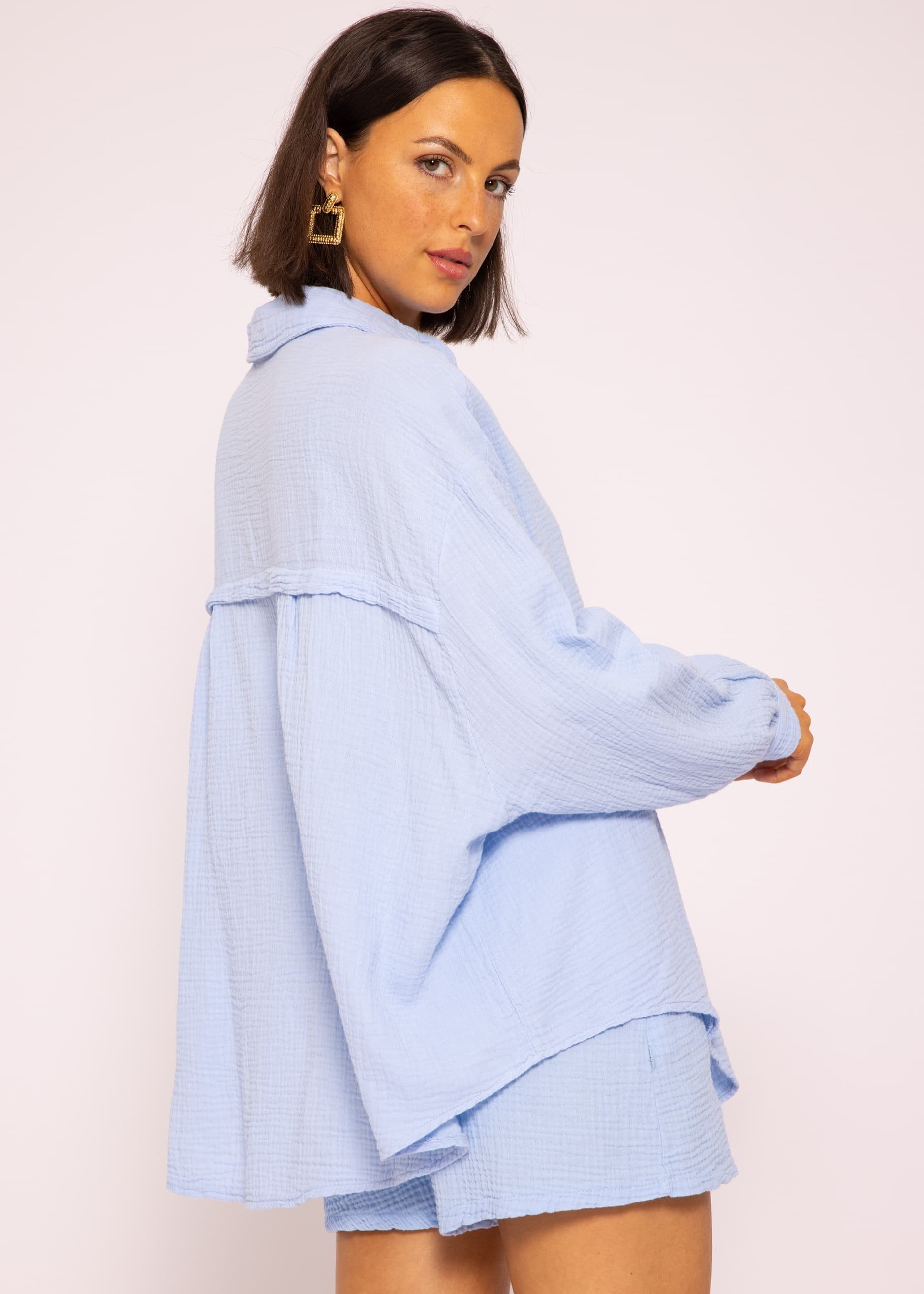 SASSYCLASSY Longbluse mit Oversize Baumwolle Hemdbluse V-Ausschnitt, Bluse (Gr. 36-48) Size One aus Langarm Damen lang Hellblau Musselin
