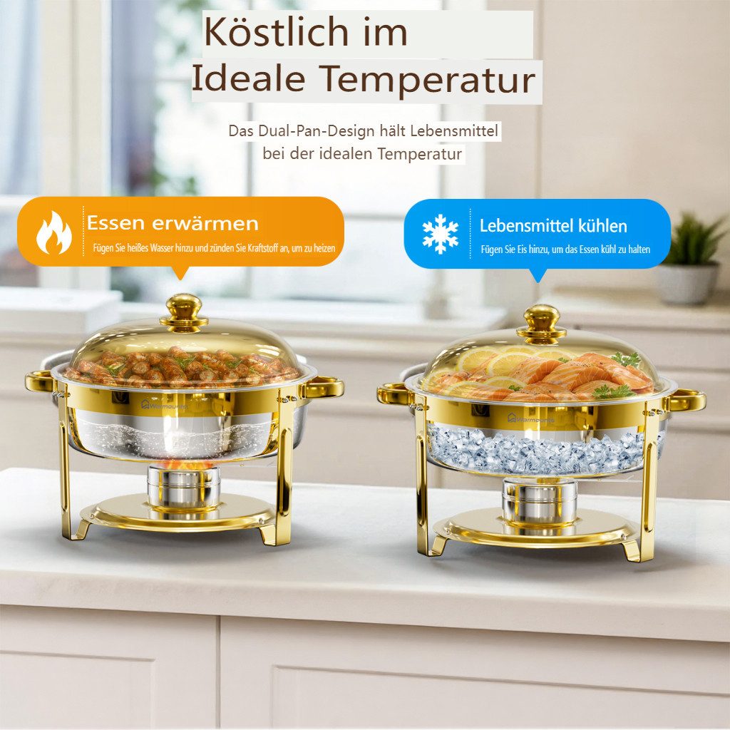 Warmounts Speisenwärmer 6,2L Buffetwärmer Edelstahl Rund Gold, (4-tlg., 6,5QT Buffet Warmhalter Set), mit Deckelhalter für Catering, Hochzeit, Party, Spülmaschinengeeignet