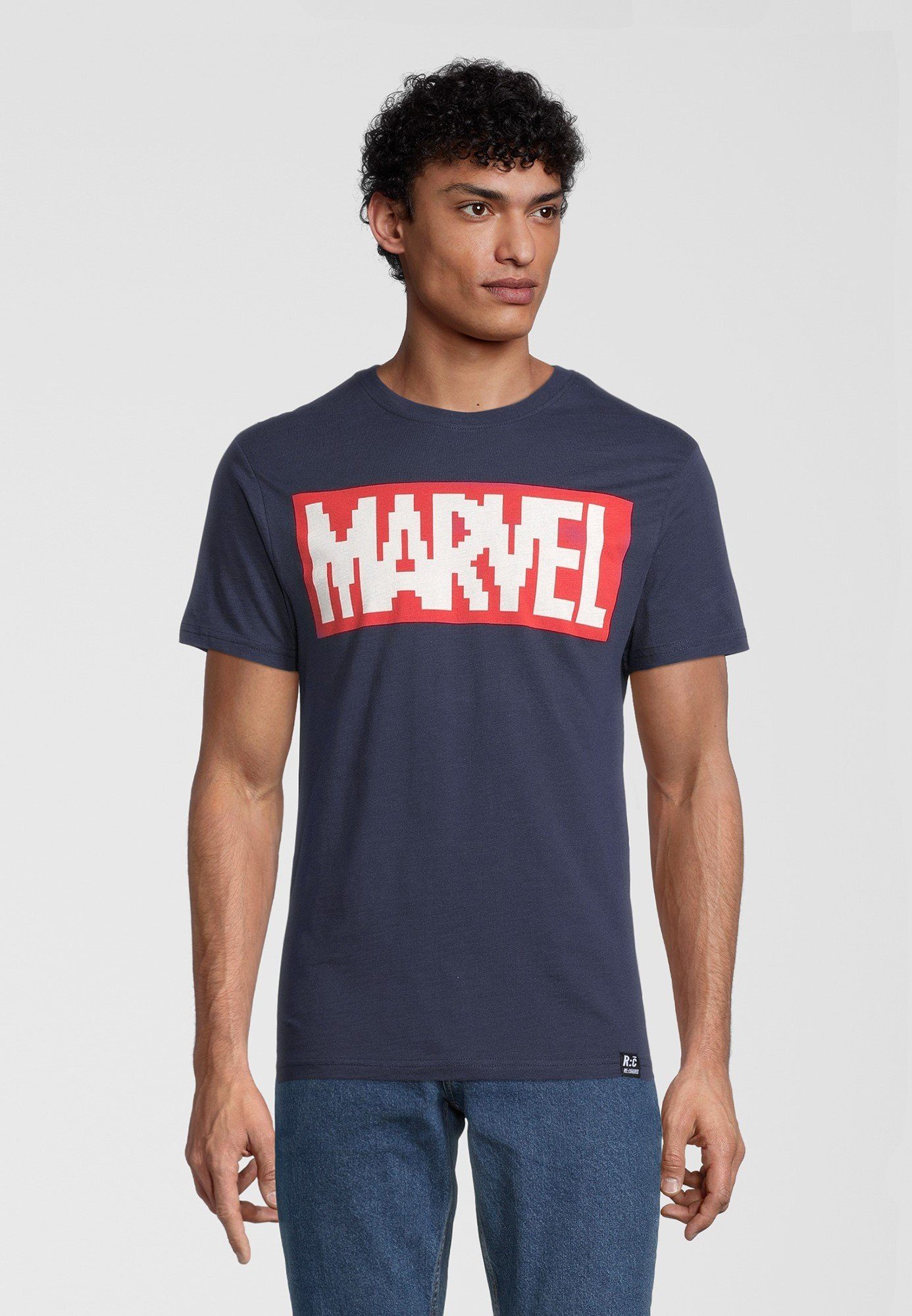 Recovered T-Shirt Marvel Pixel Logo Navy GOTS zertifizierte Bio-Baumwolle