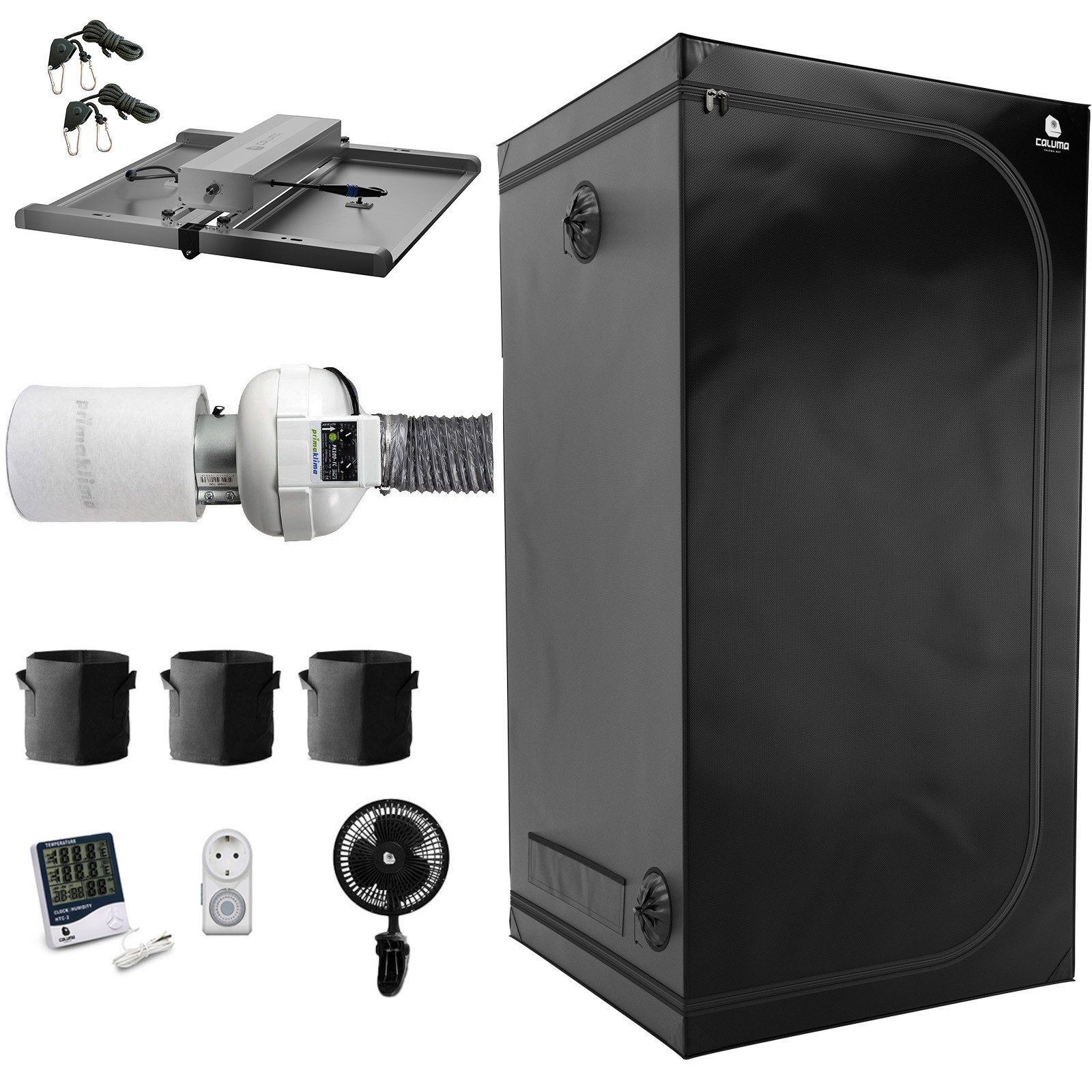 Green Spirit Gewächshaus Growbox Komplett Set Deluxe L, PK Lüfter, 100x100 cm, 320W LED, Growze, BxTxH: 100 x 100 x 200 cm, Komplettset, Zelt,Lampe,Lüfter,Filter,Hygrometer,Töpfe,Ventilator,Schloss, 100x100x200 cm, 320W LED, Prima Klima PKVS-100-TC Lüftungsset