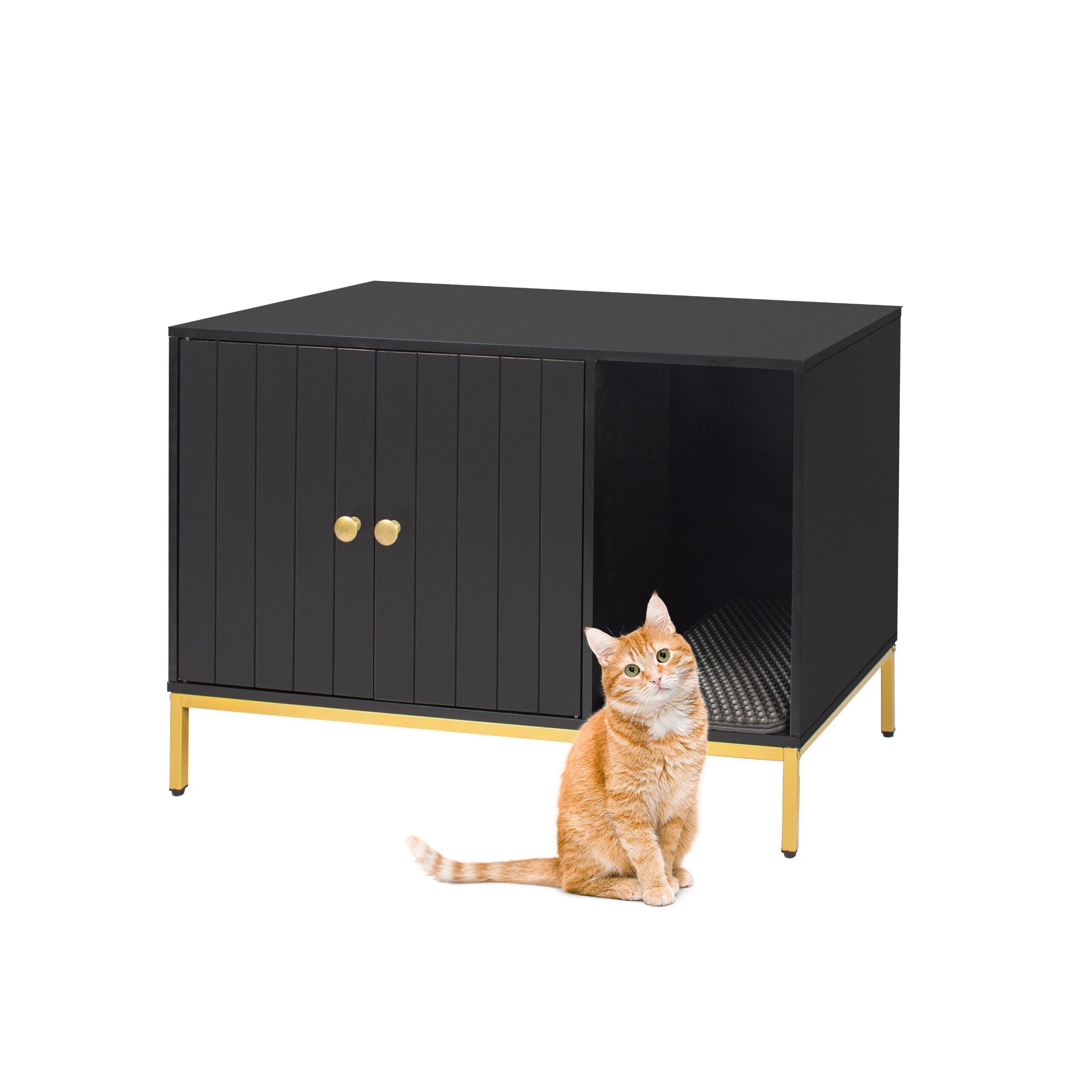 relaxdays Katzenhaus Katzenschrank für Katzenklo, Schwarz/Gold