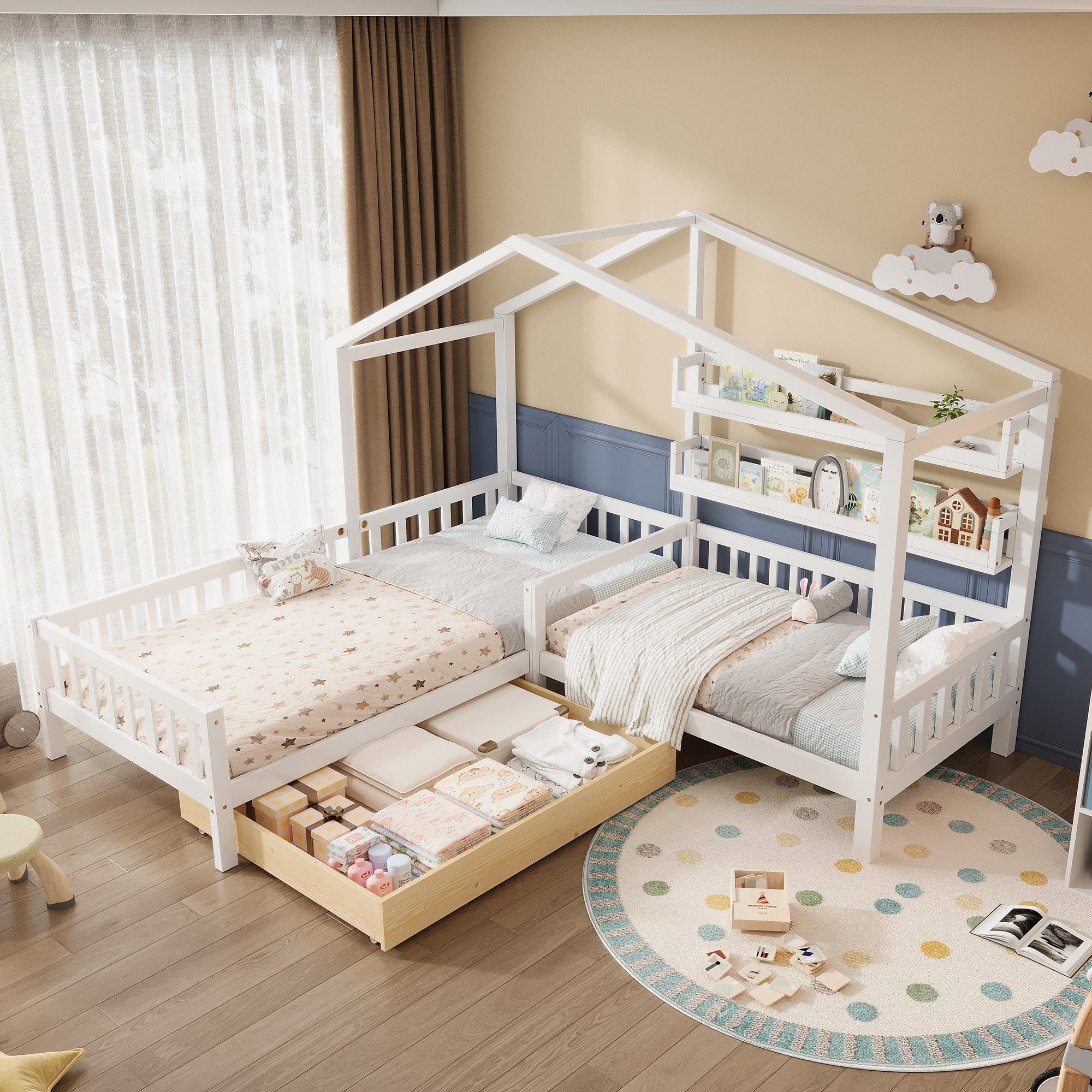 Flieks Kinderbett (1-tlg), Massivholz L-Struktur Hausbett 90x200cm+70x140cm