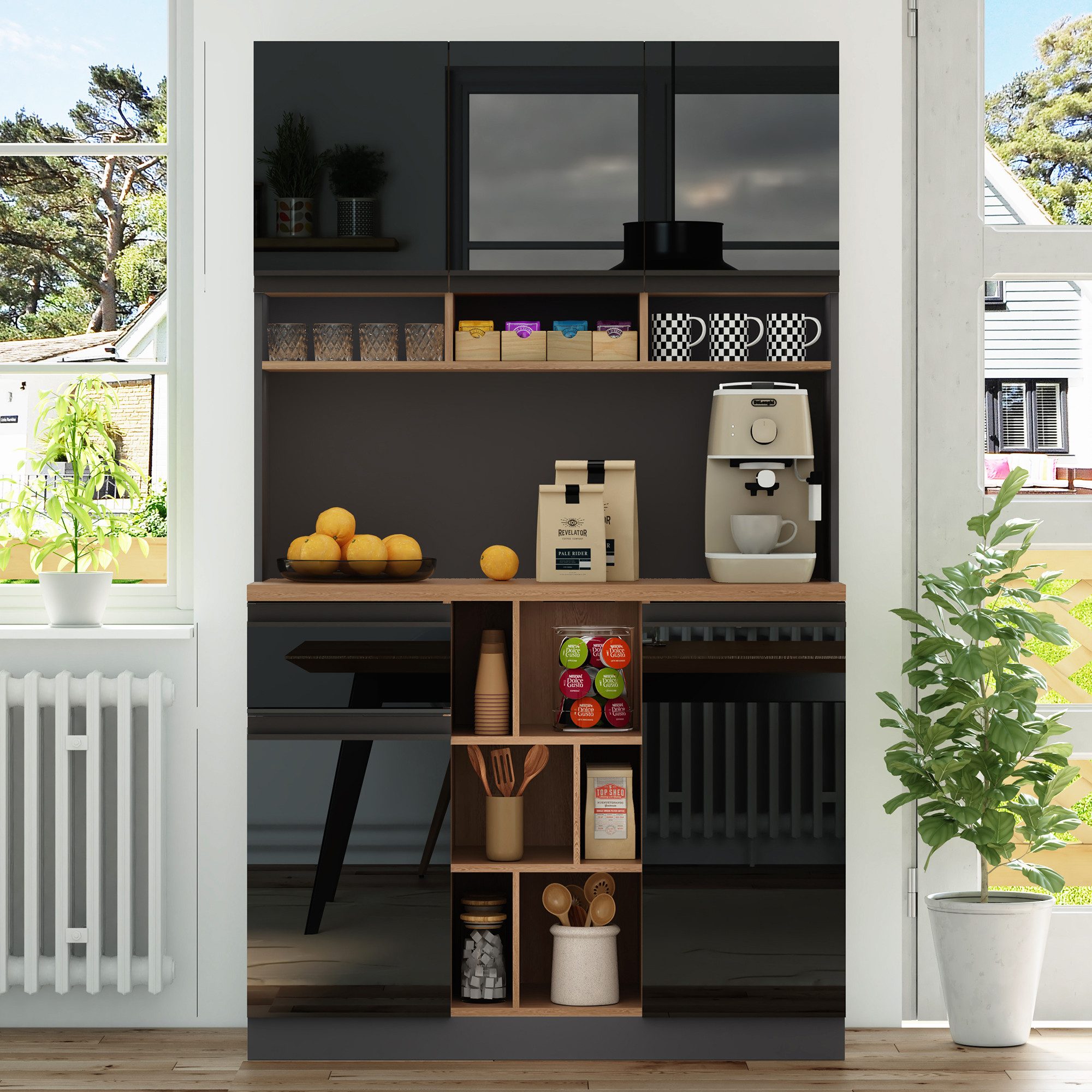Flieks Küchenbuffet mit verstellbare Ablagen Hochschrank Hochglanz (1-St., B105/T45/H185 cm) Küchenschrank Geschirrschrank mit Schubladen und Stauraum schwarz – Bild 3 von 5