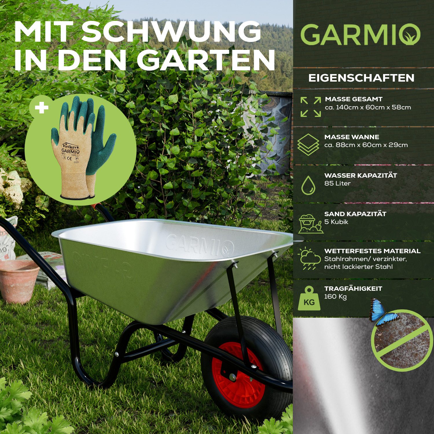 GARMIO Schubkarre Schubkarre, verzinkte Bauschubkarre 85 Liter, 5 Kubik Fassungsvermögen, (Luftreifen 16 Zoll, Futterkarre, Hofkarre, Luftreifen 16 Zoll, Futterkarre, Hofkarre), Gartenkarre bis 160 kg, silber, verzinkte Wanne