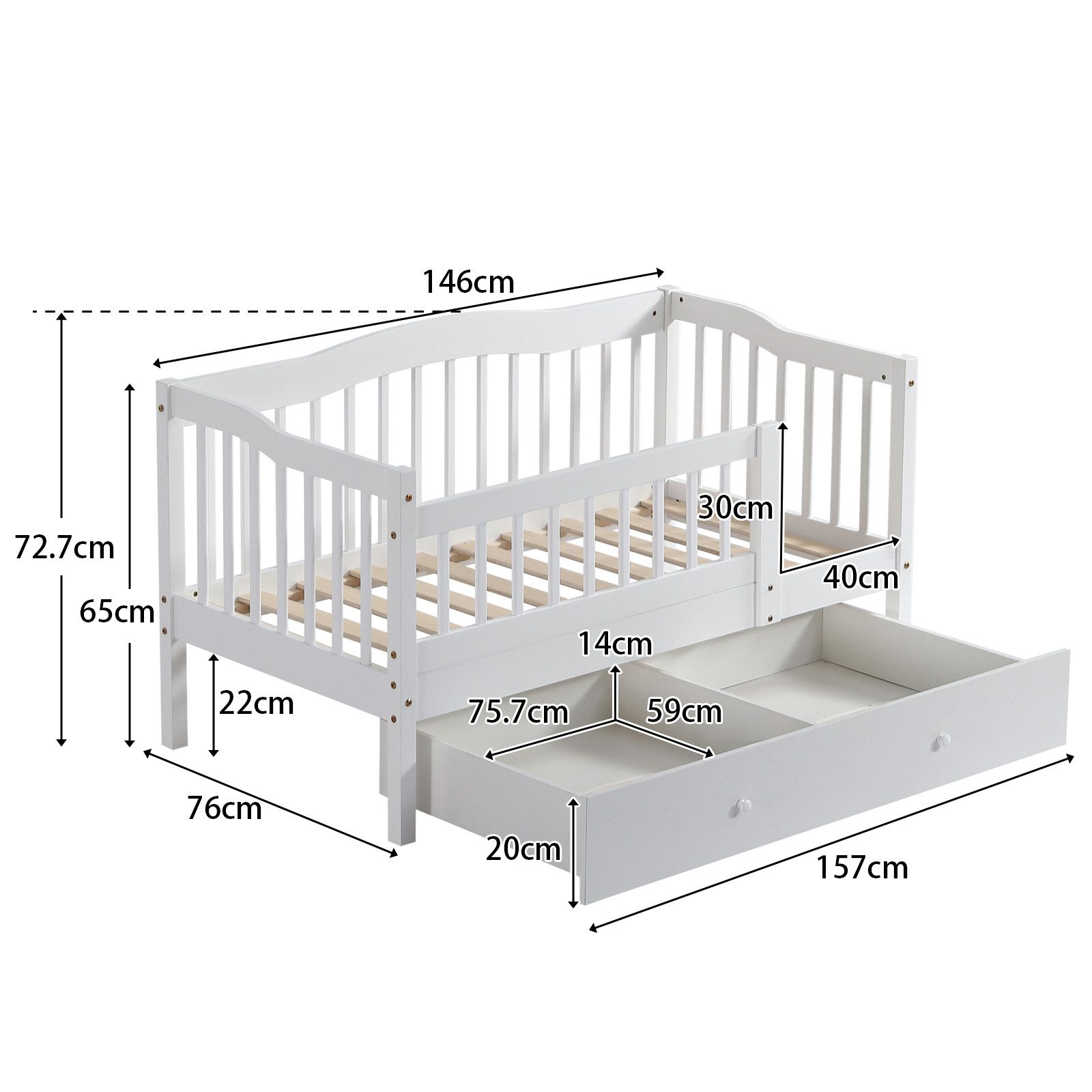 LEADZM Kinderbett mit Schubladen 70x140 / 80x160 / 90x200cm, Hausbett mit Lattenrost, Bodenbett mit Stauraum und Abnehmbarer Barriere, Weiß – Bild 2 von 5