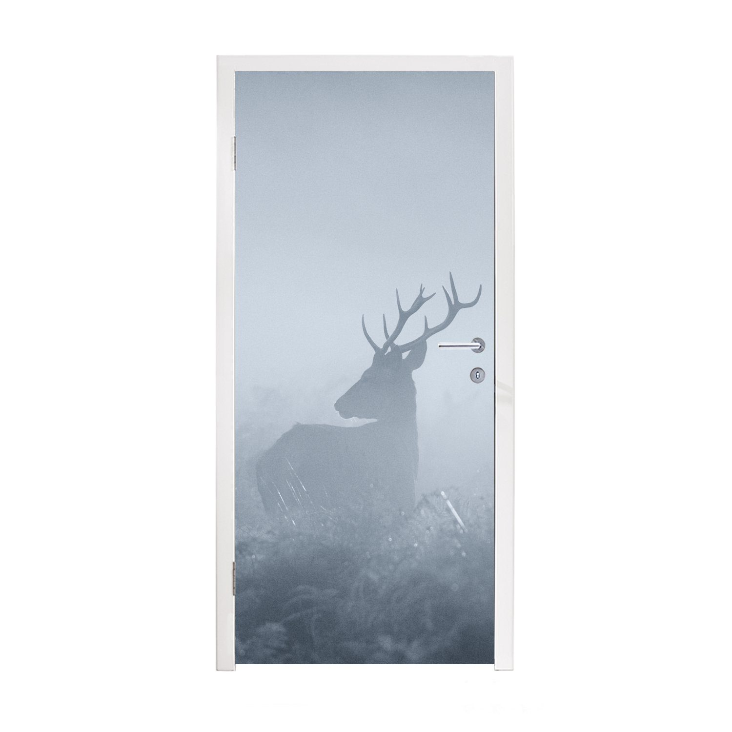 MuchoWow Türtapete Hirsche - Nebel - Wald, Matt, bedruckt, (1 St), Fototapete für Tür, Türaufkleber, 75x205 cm