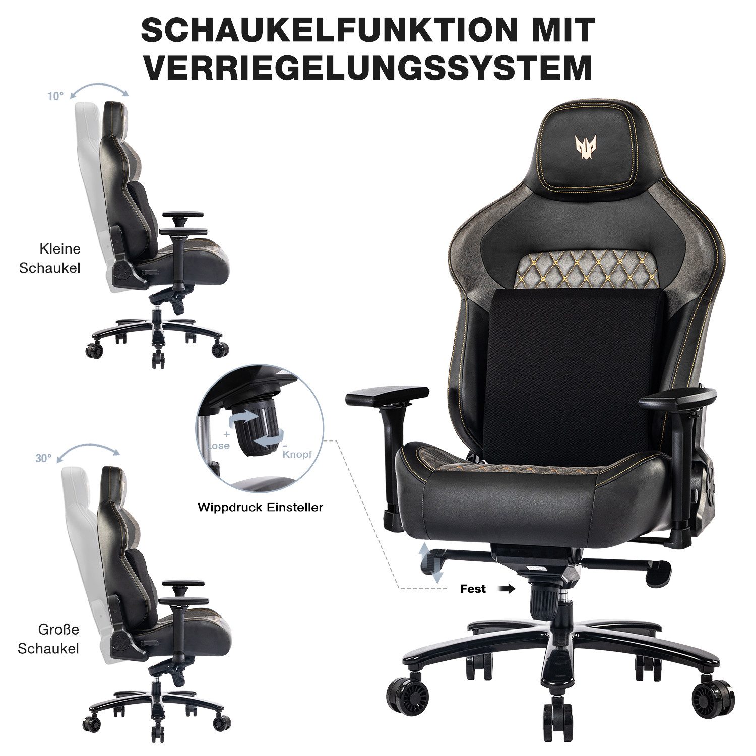 SeedWave Gaming-Stuhl 200kg Chefsessel Bürostuhl mit Rückenlehne bis 155°, 4D-Armlehnen, Bürostuhl mit Wippmechanik, Breite 63cm Flügel-Rückenlehne