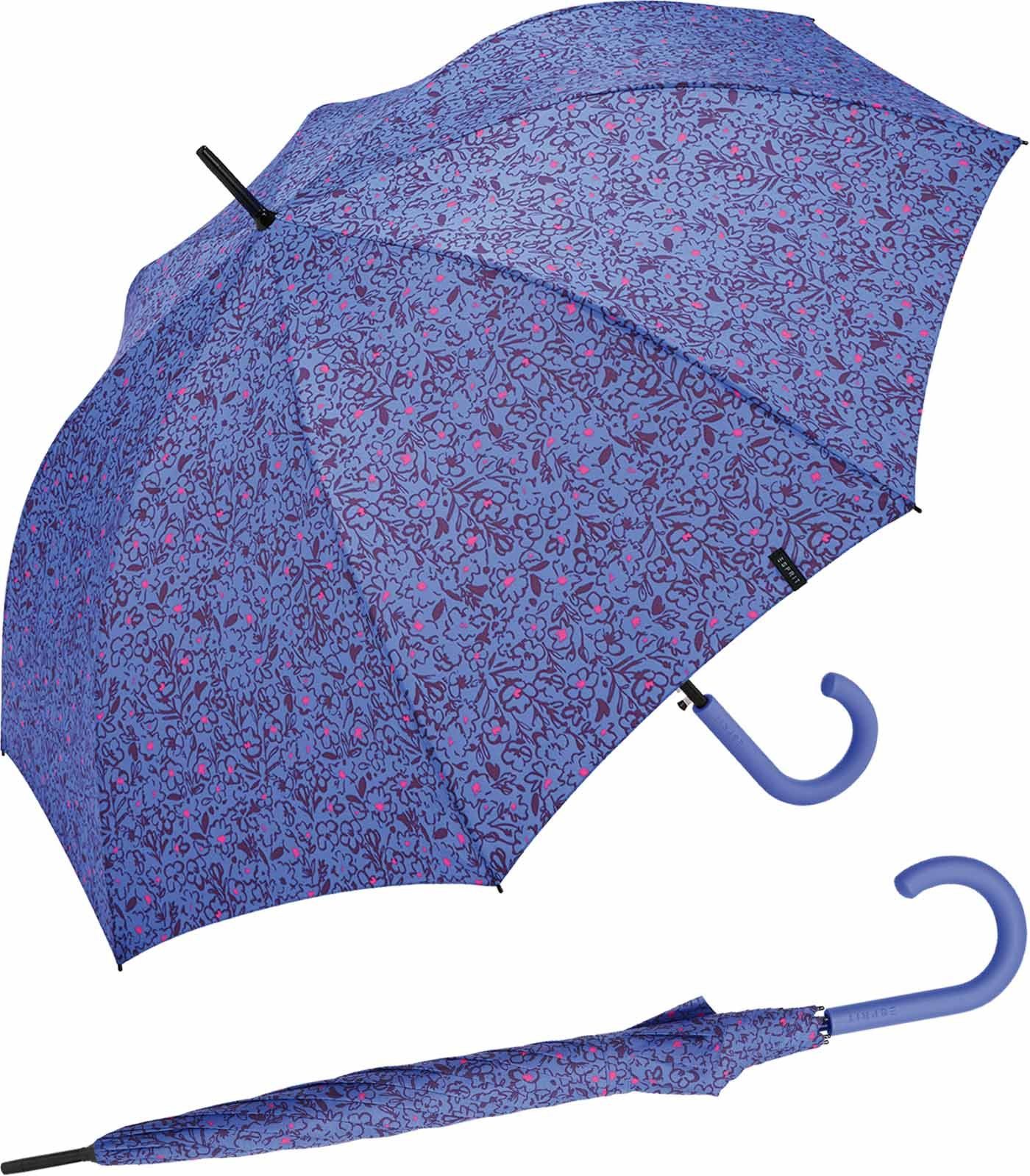 Esprit Langregenschirm Damen Regenschirm mit Automatik Scribbled Romance, mit romantischem Blüten-Muster blau