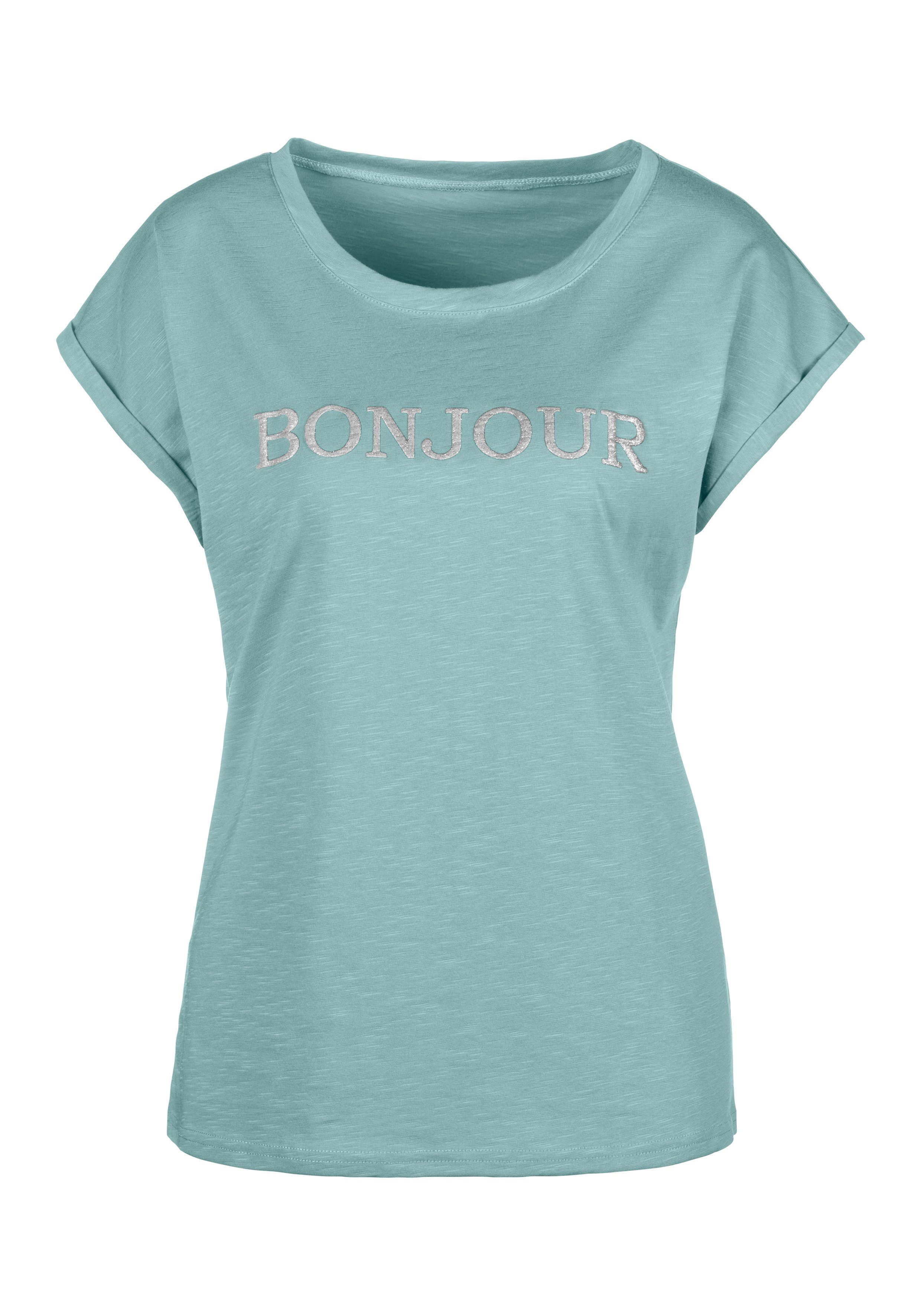 Vivance T-Shirt mit modischem Frontdruck "Bonjour" mint