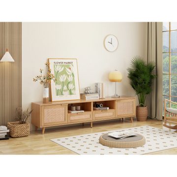 XDeer Sideboard TV-Konsolentisch,TV-Schrank mit echtem Rattandesign, TV-Schrank, mit massiven Holzfüßen,Geflochtener Rattan-TV-Boards - 200*37*49cm