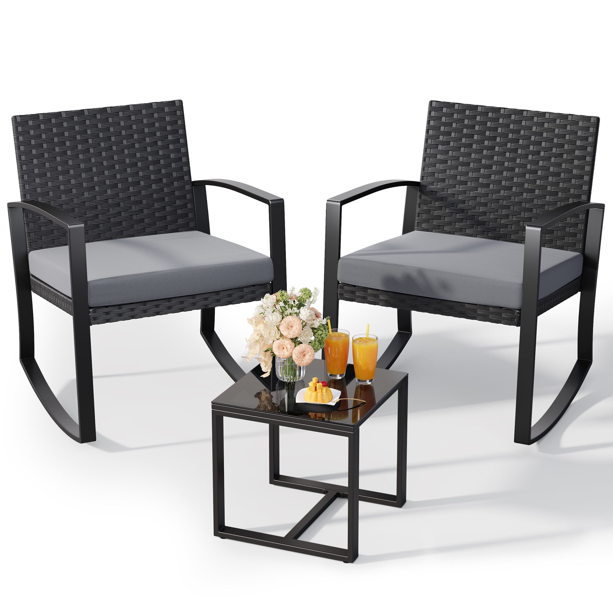 Blishom Balkonset Schaukelstuhl Set 3-teilig, Gartenmöbel Bistro Set, 3-tlg. Sitzgruppe Schaukelstuhl, abnehmbare Sitzauflagen, platzsparend