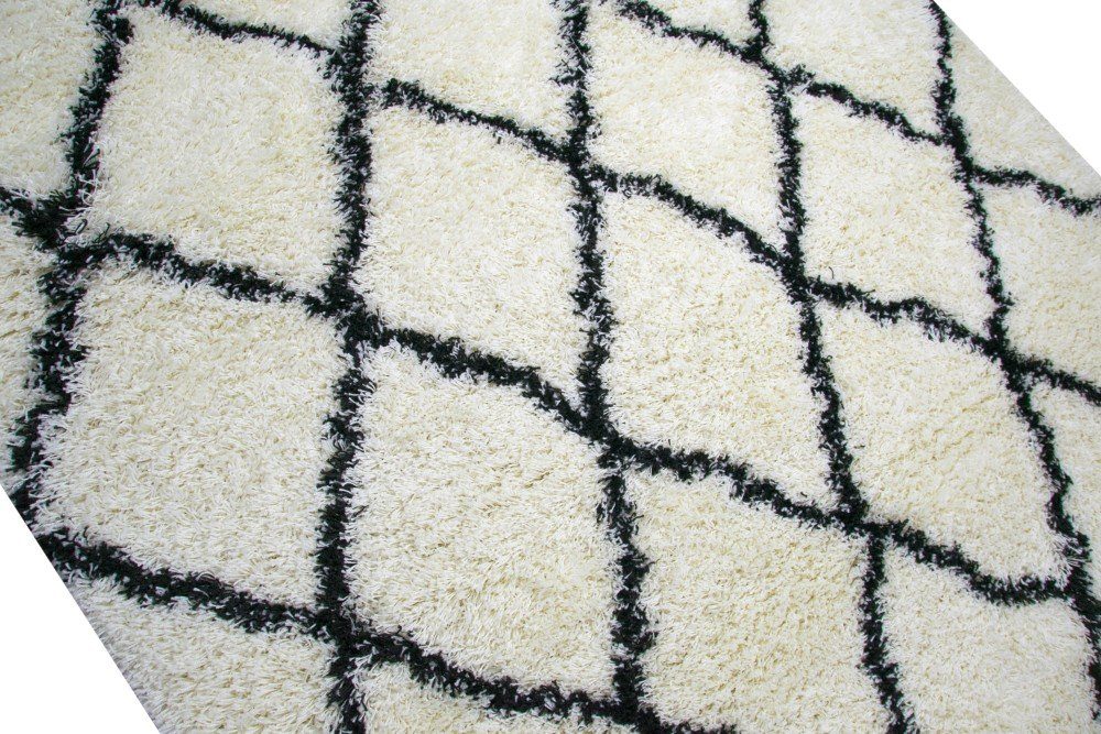 Carpetia Hochflor-Teppich Shaggy Teppich Wohnzimmerteppich Hochflor Rauten creme schwarz, rechteckig, Höhe: 40 mm