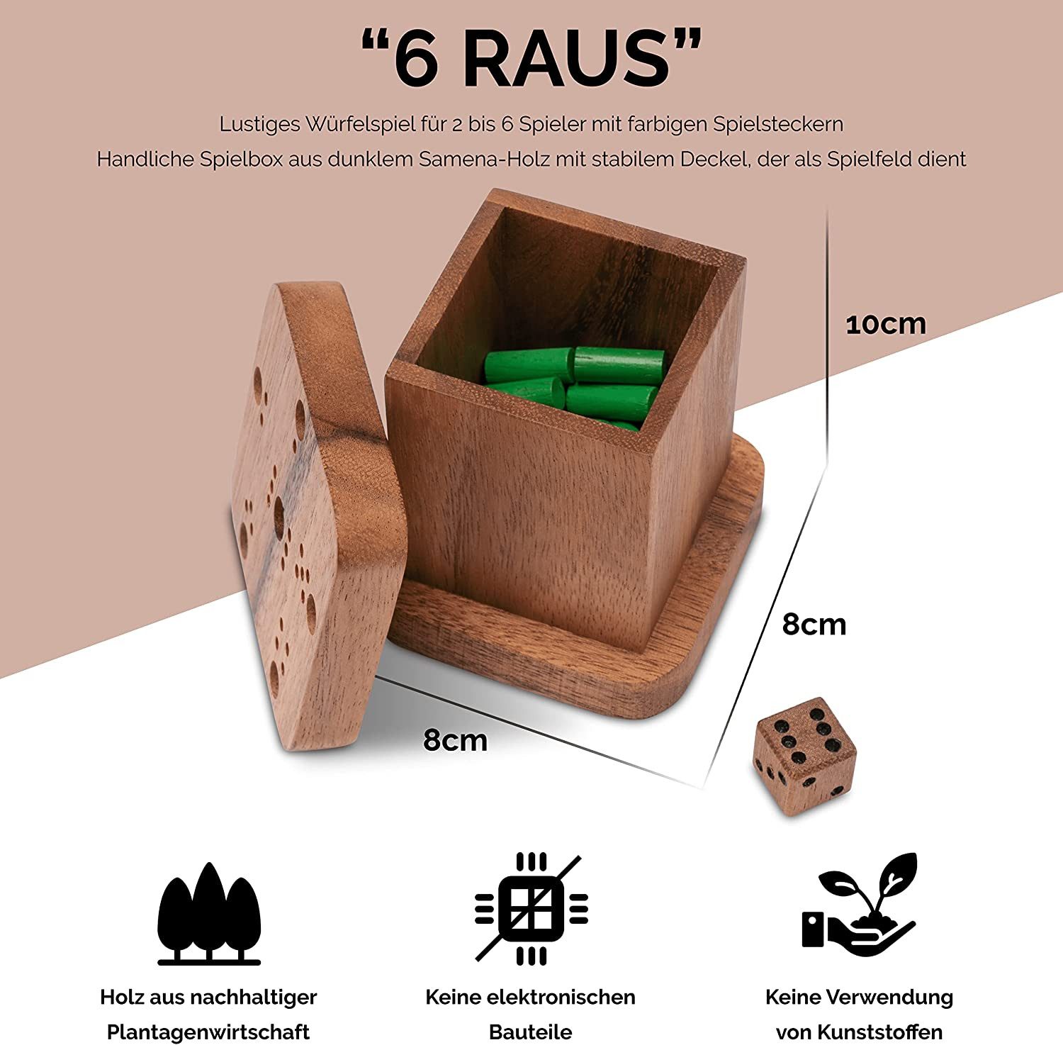 LOGOPLAY Spiel 6 raus, Familienspiel, 6 raus - für 2 bis 6 Spieler - Würfelspiel mit 40 Spielsteckern