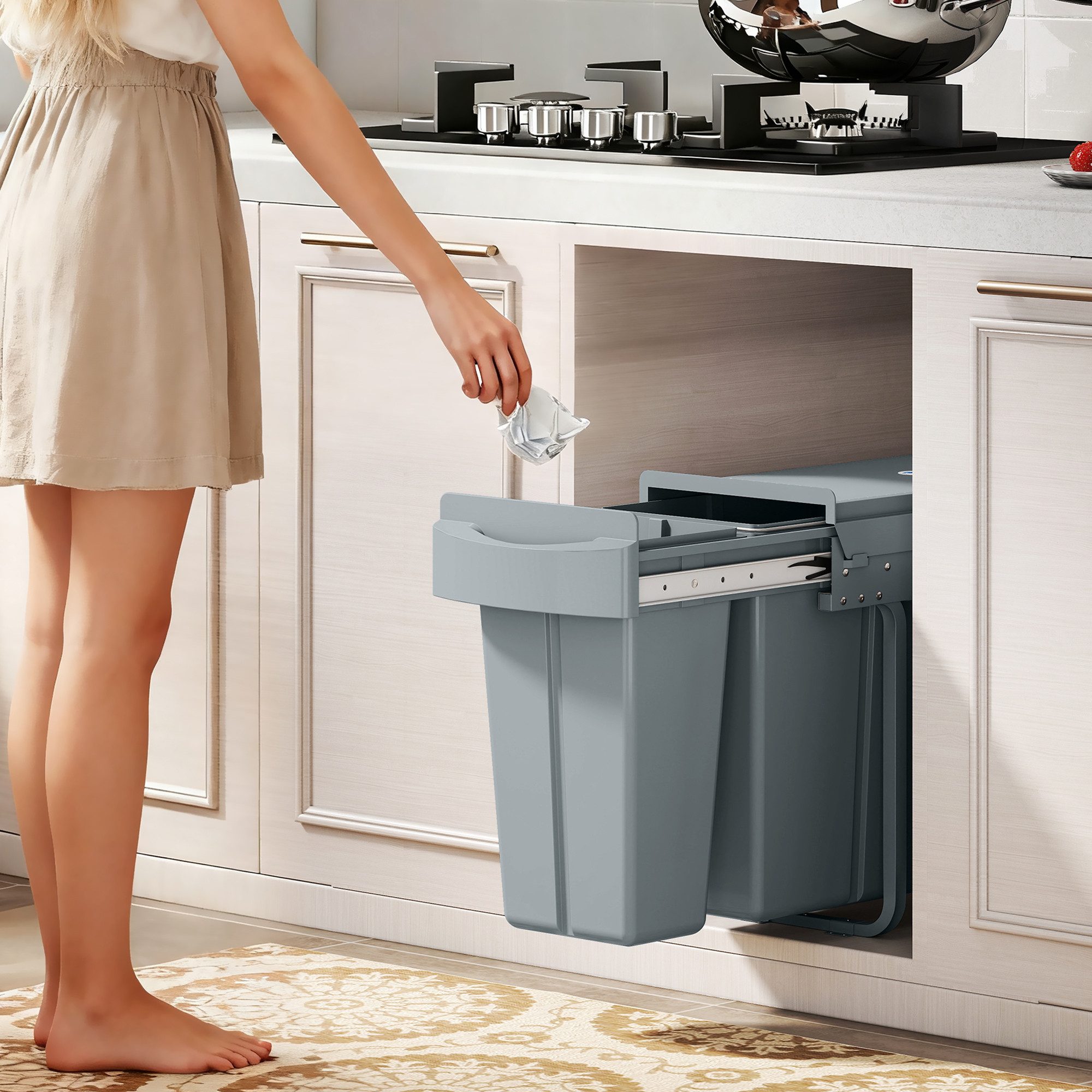 HOMCOM Einbaumülleimer herausnehmbar, 30 Liter Fassungsvermögen, Doppelbehälter, Grau