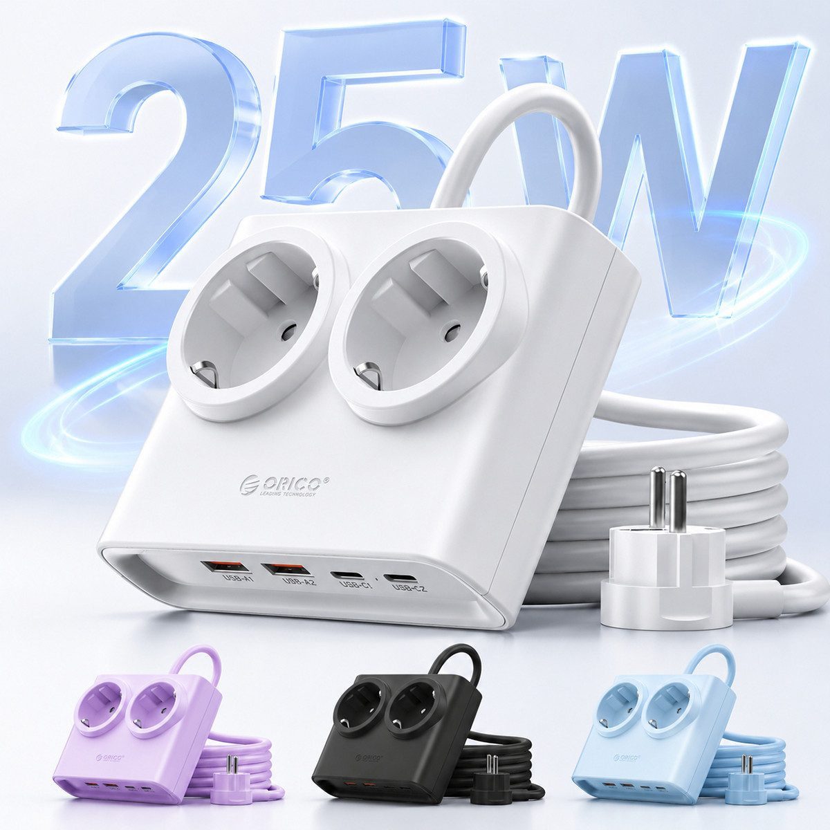 ORICO Steckdose 15W/25W GaN Mehrfachsteckdose 6-in-1 Steckdosenleiste,2AC+2USB+2CPD, acher 1,3 cm Stecke, 1-St., 1,6 m Kabel, 2500 W., für Haushalt & Büro