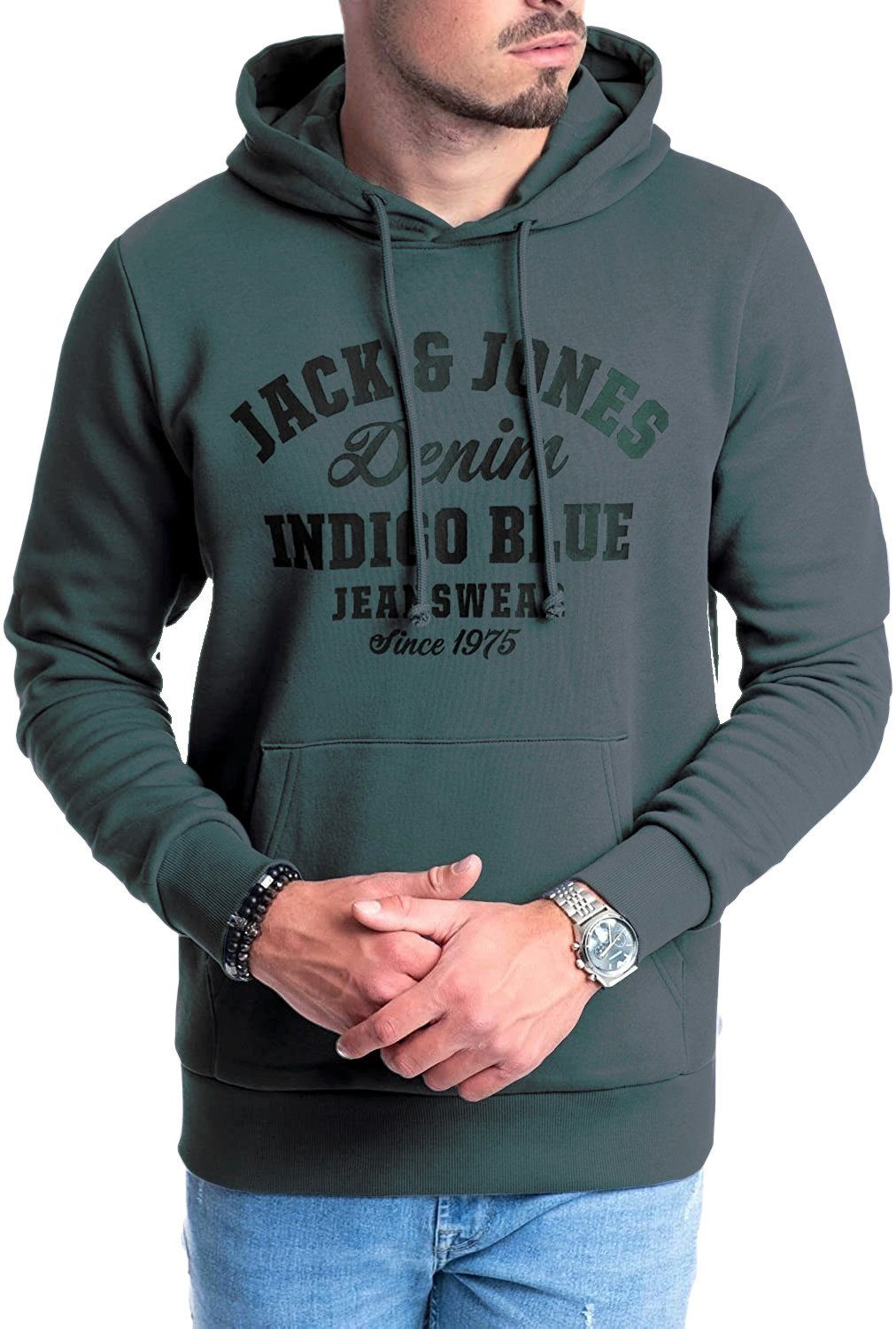 Jack & Jones T-Shirt mit Kängurutasche, Kapuze, mit Logodruck, in Unifarbe Dark Slate-Black