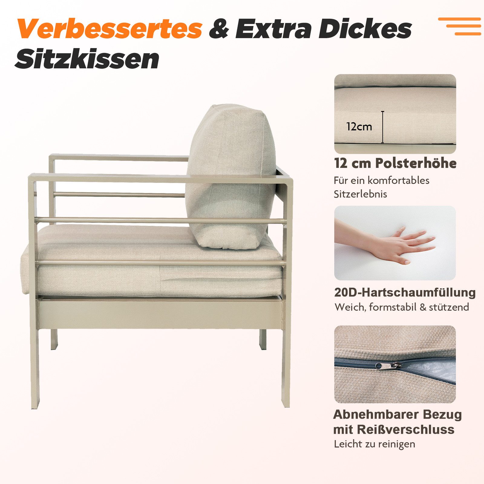 MeXo Gartenlounge-Set Gartenmöbel Set Aluminium wetterfest 6-7 Personen, (12cm Deluxe Relax-Sitzkissen, 5-tlg., Belastbarkeit pro Sitzplatz 140kg), outdoor Gartensofa mit Tisch, 8 cm breite Armlehne