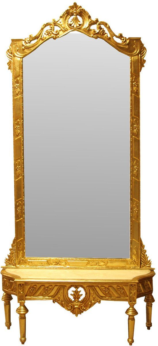 Casa Padrino Barockspiegel Barock Spiegelkonsole - Garderobenkonsole Gold mit Marmorplatte und mit schönen Barock Verzierungen auf dem Spiegelglas Mod7 - Antik Look