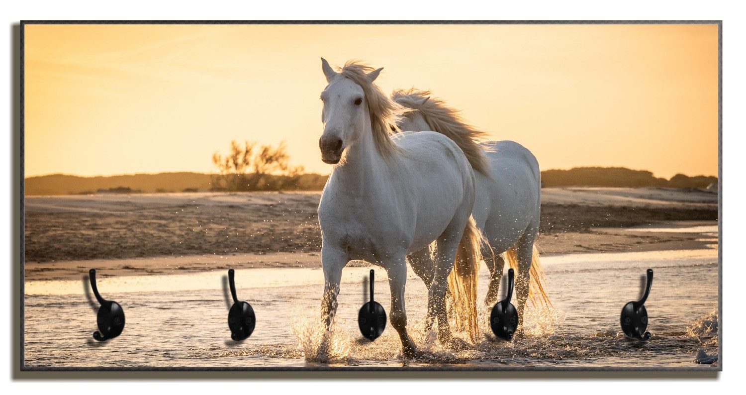 Wallario Garderobenpaneel Pferde im Abendlicht (1-teilig, inkl. Haken und Befestigung), 80x40cmHolz