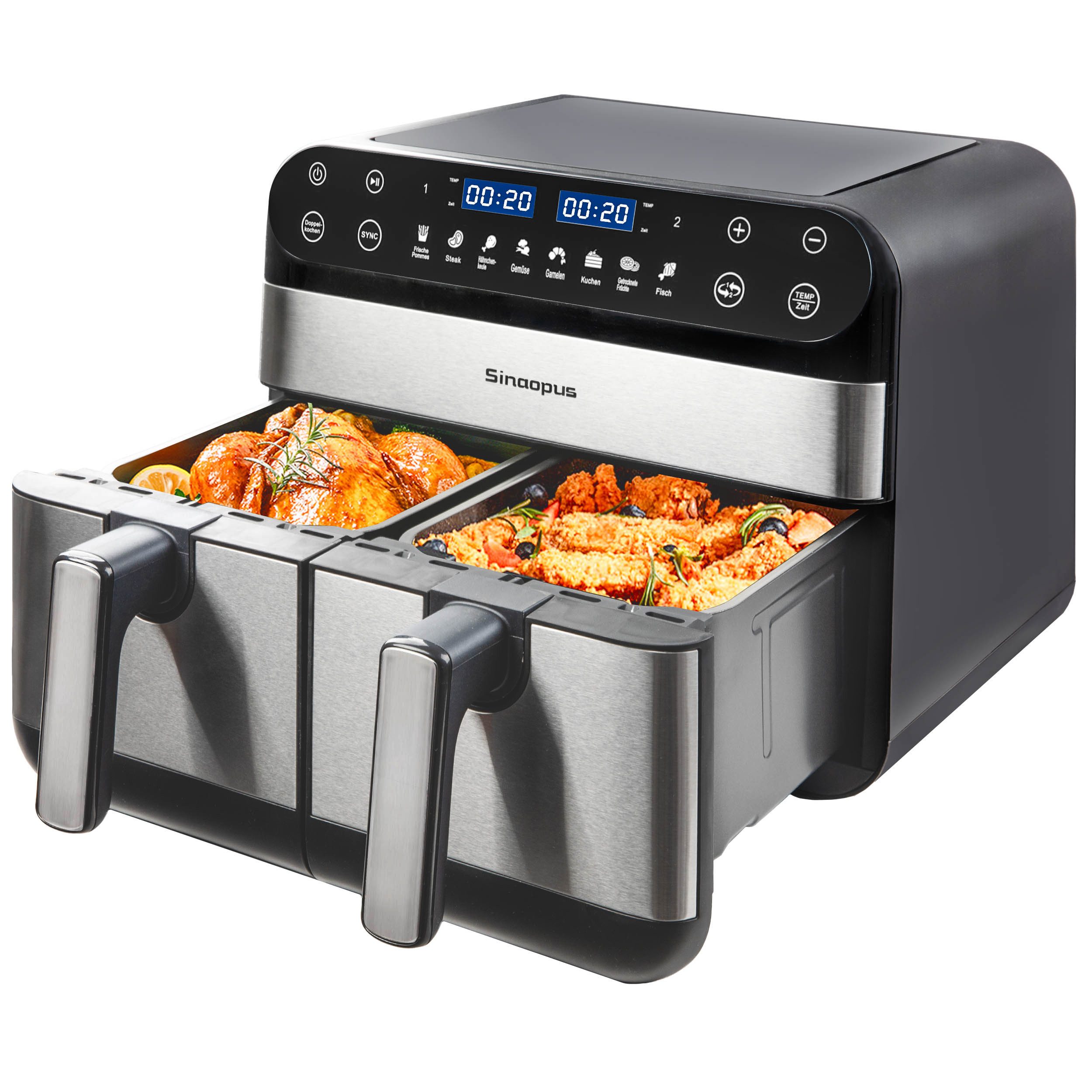 Sinaopus Heißluftfritteuse 10L Dual-Zone Airfryer – Familienessen & Snacks gleichzeitig knusprig garen, 2400 W, 2 Frittierfächer, SYNC, Doppelkochen, 8 Programm – Bild 2 von 5