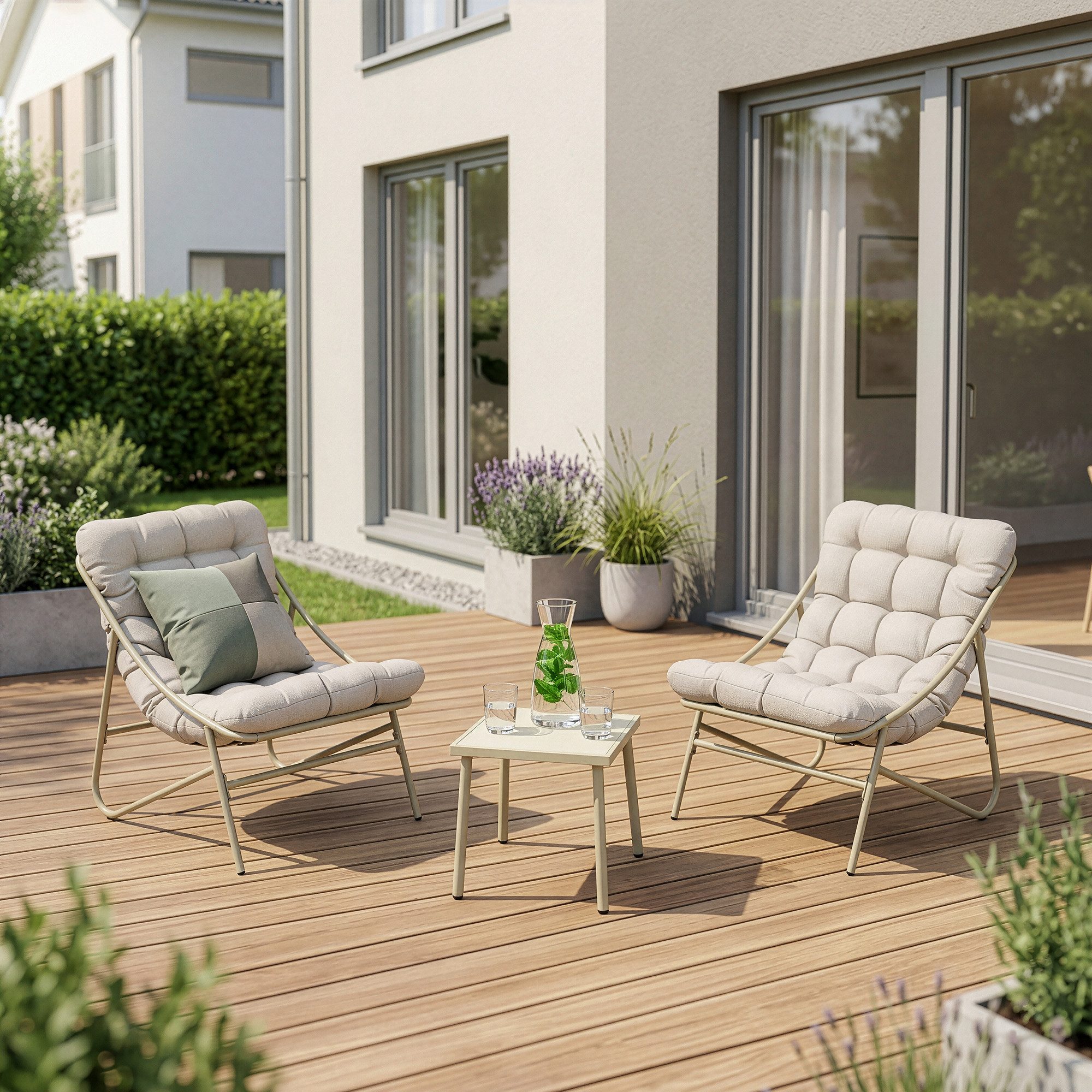 en.casa Loungeset, (Set, 3-tlg., 1 Outdoor-Tisch, 2 Loungesessel mit Polsterkissen), »Trölleping« Metallgestell Polsterkissen Glasplatte Beige