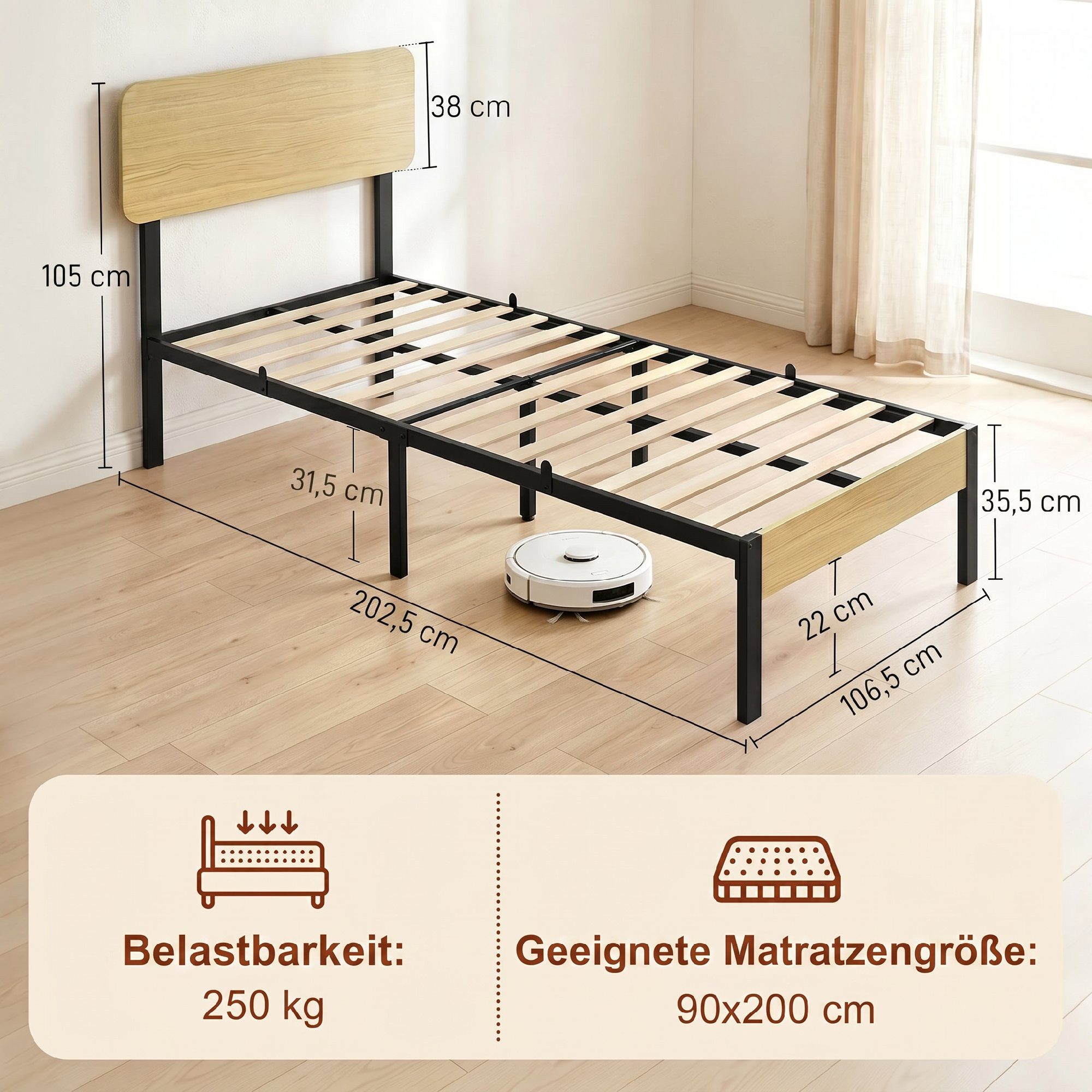 HOMCOM Bettgestell Bett 90 x 200 cm mit Kopfteil, Lattenrost, Unterbettaufbewahrung (Set, 1-tlg., Einzelbett), für Schlafzimmer, Gästezimmer, Natur – Bild 3 von 5
