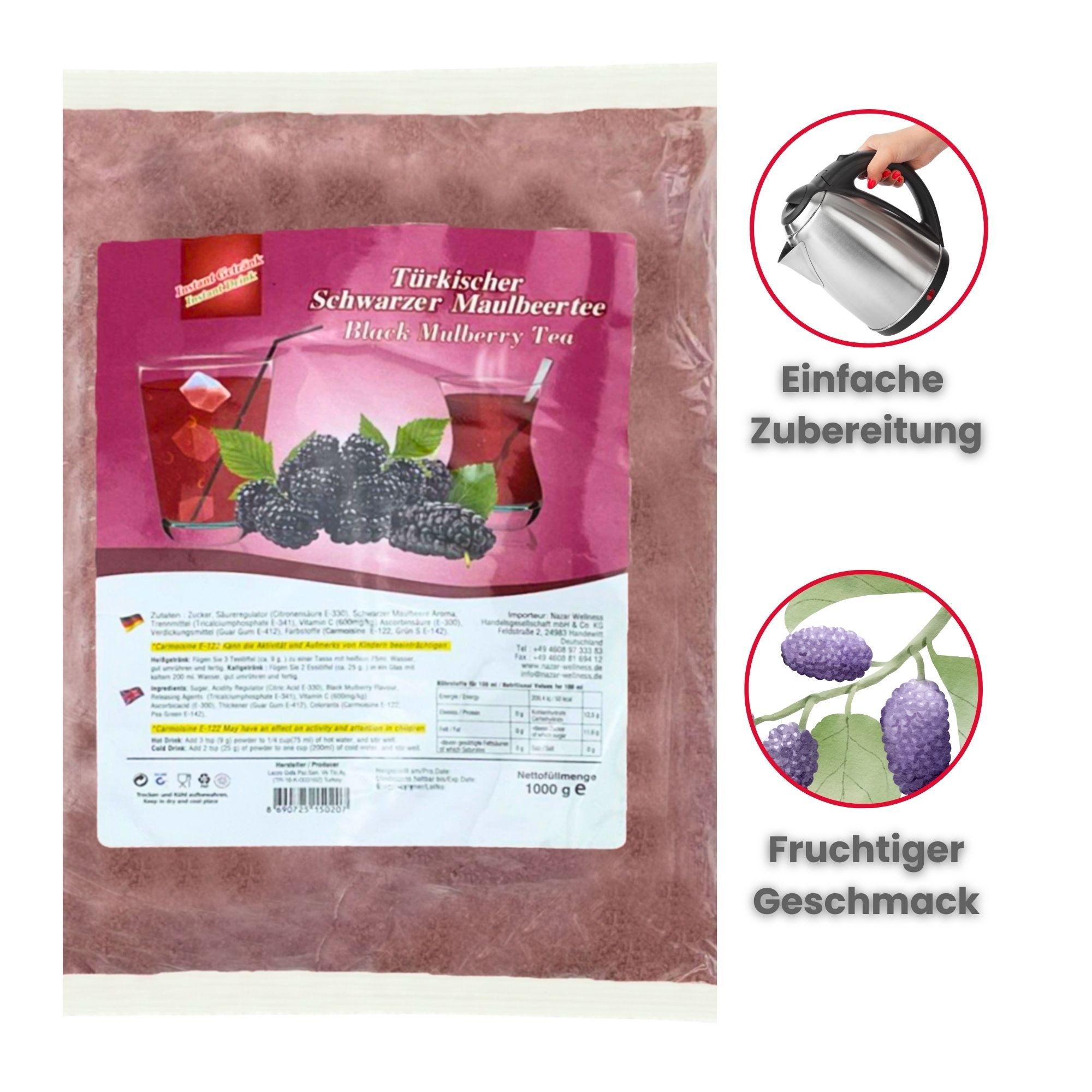 Tee Türkischer Maulbeertee Pulver – 1 kg Instantgetränk, Fruchtig, süß-säuerlicher Geschmack, schnell löslich