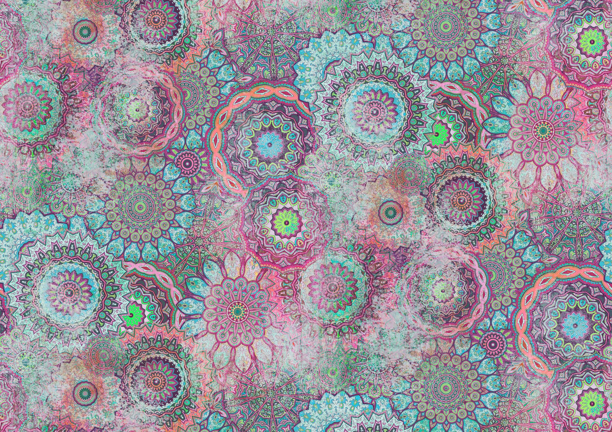 Rasch Fototapete Boho Ethno Hippie Vintage Kreise - Vliestapete Pink, bedruckt, Vintage-Optik, (1 Rolle, 1 St., Kollektion 'Magicwalls' - 3 m x 4,24 m), Lichtbeständige Farben - Feucht abwischbar - Restlost abziehbar